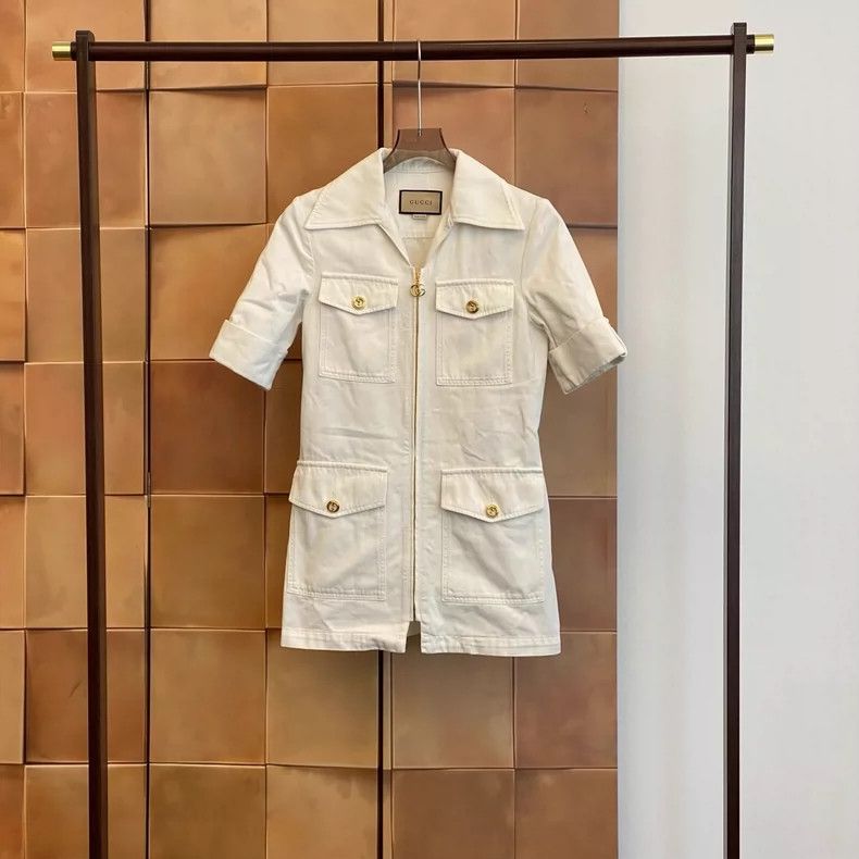 Gucci Milky white multi-pocket gold buckle denim dress 2504