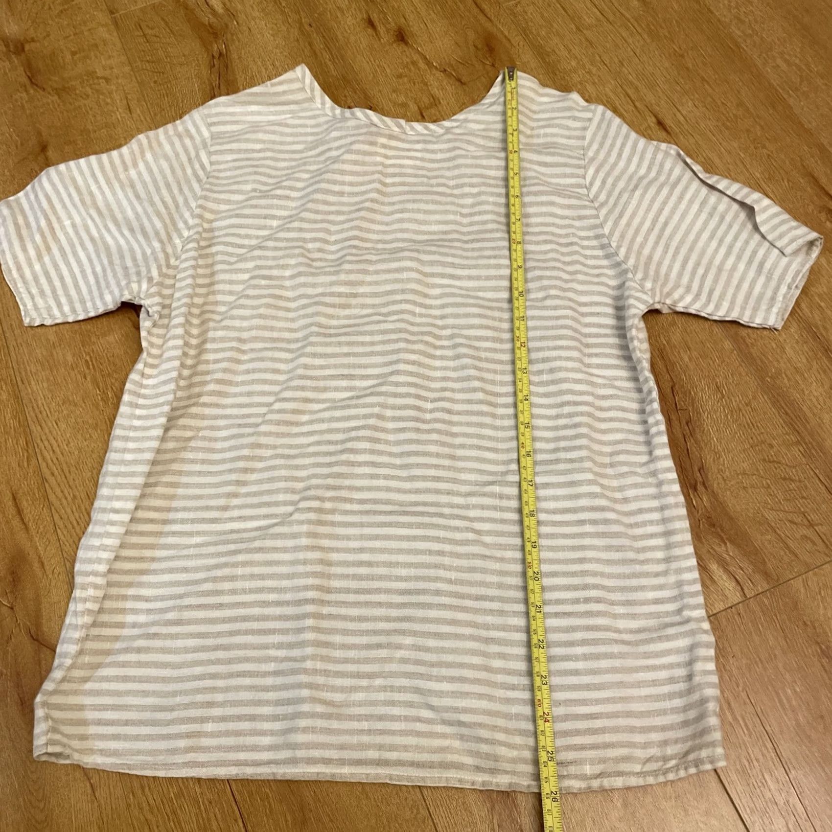 FLAX FLAX by Angelheart Linen Stripe Tan Cream Top Short Sleeve Lagenlook S Boho Shirt Blouse White Beige Linen 100% Women's Slim Regular Vintage: No Size S / US 4 / IT 40 - 8 Thumbnail