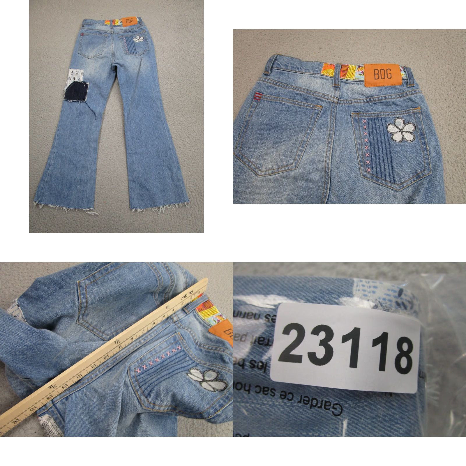 Bdg VINTAGE Patchwork Jeans Womens 24 Light Wash Boho Embroidered Hippie y2k Festival BDG Jeans Flared 5-Pocket Womens Jeans Size 42" / US 20 - 10 Thumbnail