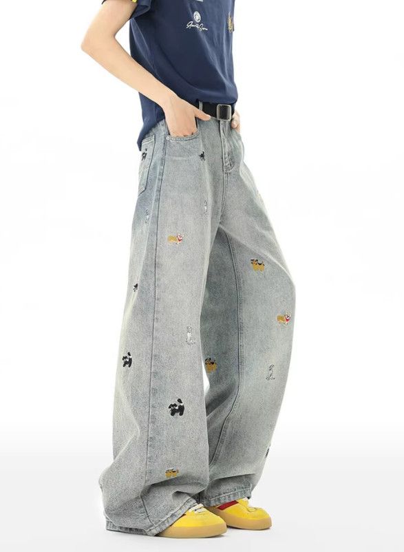Japanese Brand Men's washed distressed wide-leg puppy embroidered jeans Size US 32 / EU 48 - 4 Thumbnail