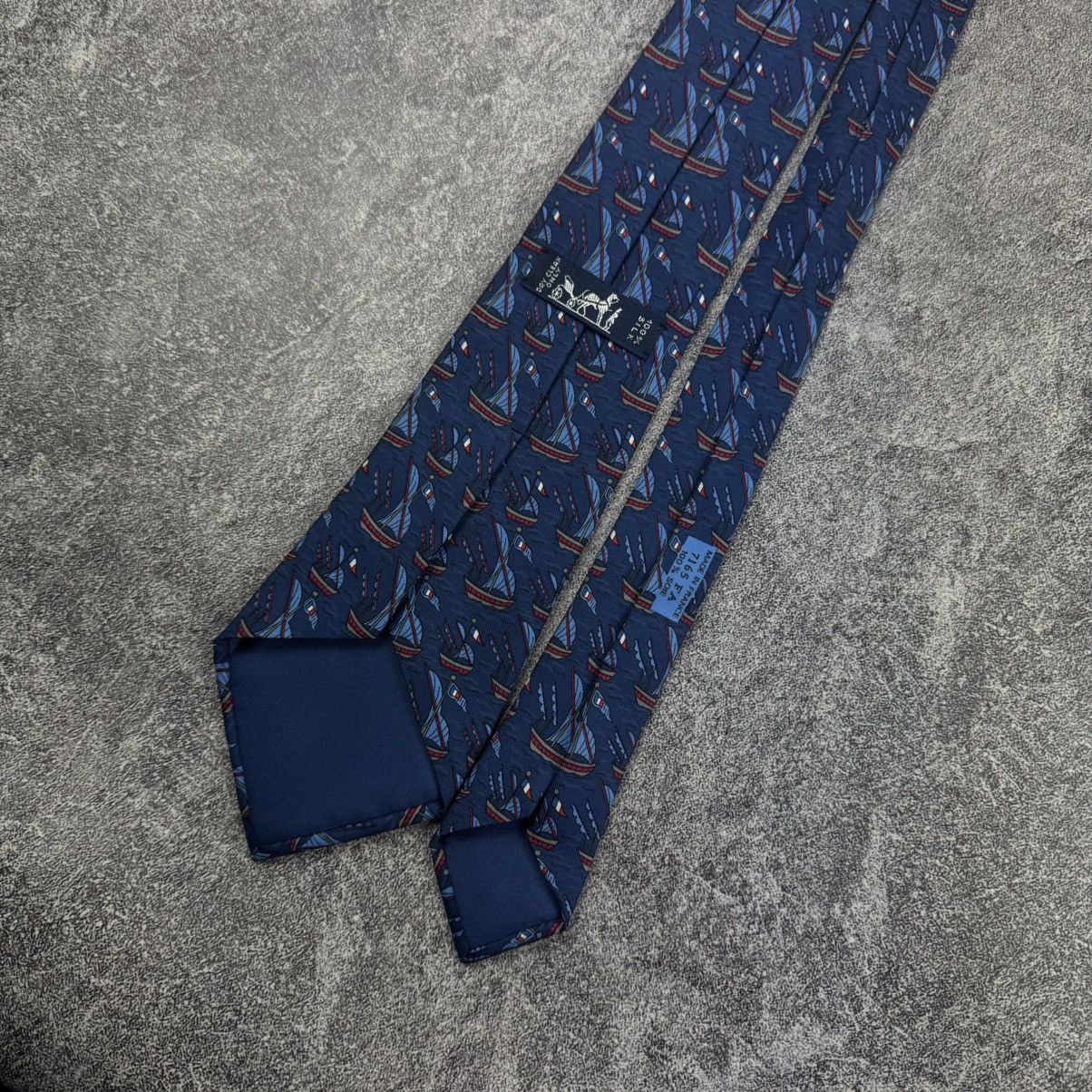 Hermes Hermès Navy Blue Silk Tie / Vintage Tall Ships Pattern Size ONE SIZE - 6 Thumbnail