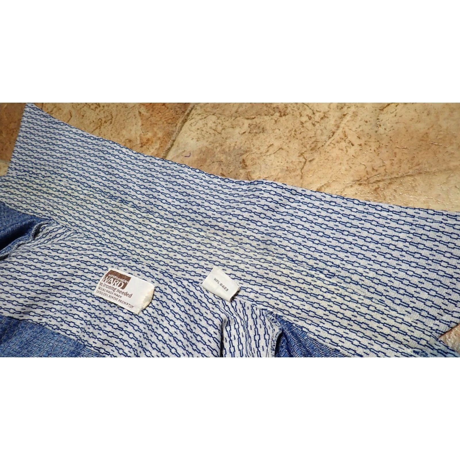 Vintage Montgomery Ward Disco Shirt Button Front Long Sleeve 70s Vintage Big Collar Mens L Blue Geometric Print 70s Vintage Size US L / EU 52-54 / 3 - 5 Thumbnail