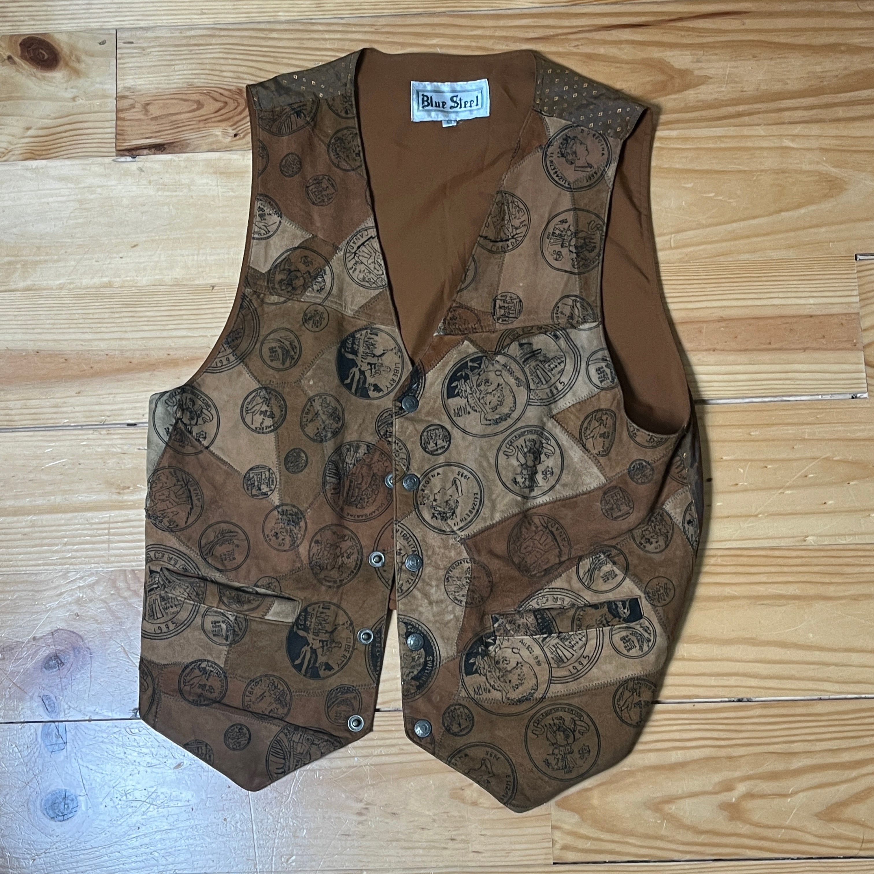 Blue Steel Patchwork Coin Leather Vest M