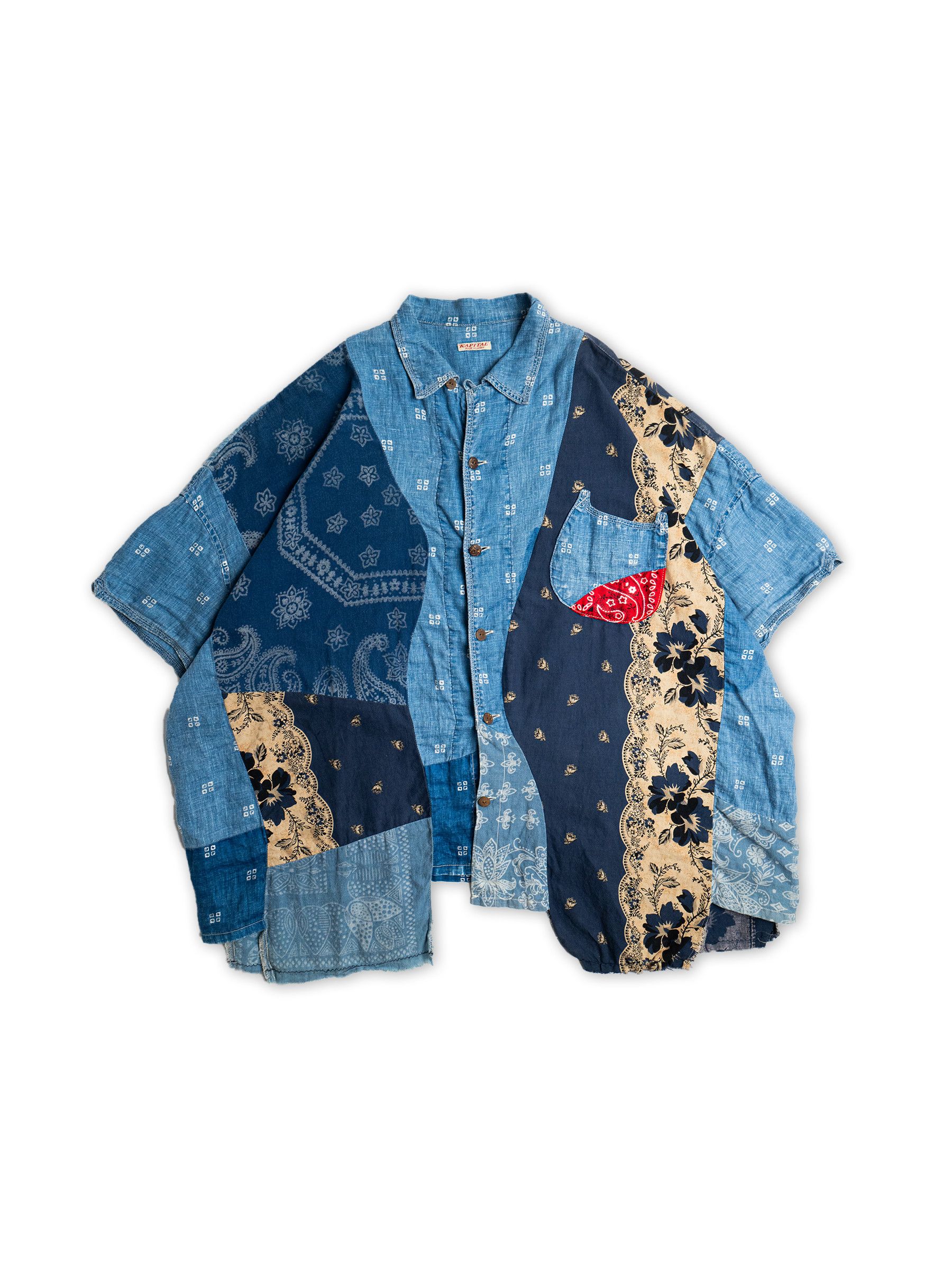 image of Kapital Oversized Short Sleeve Patchwork Shirt in Blue, Men's (Size Medium)