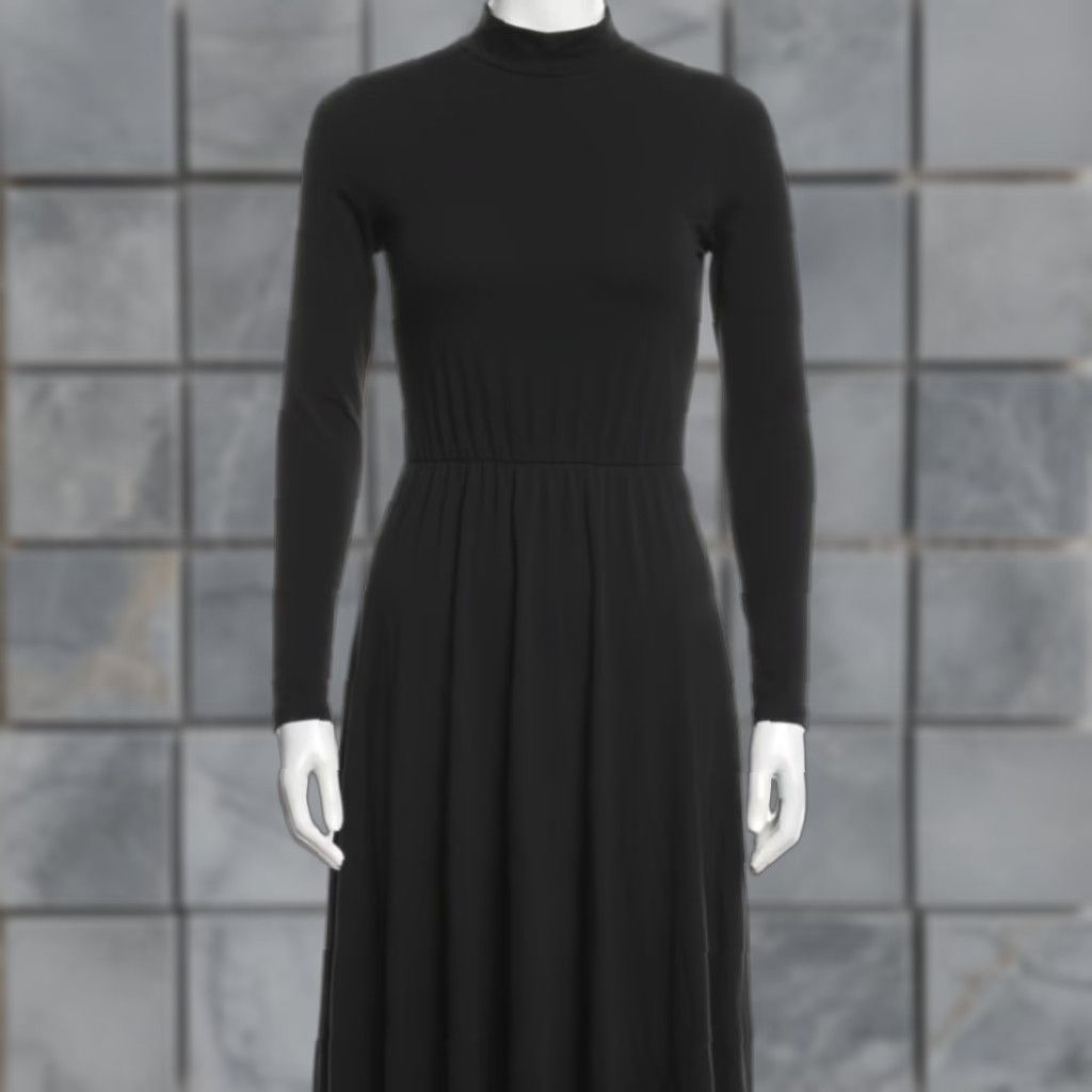 Lulus Lulus Midi Dress S Black Long Sleeve Mock Neck A-Line Office Casual Demure Minimalist Classic Womens Size S / US 4 / IT 40 - 1 Thumbnail