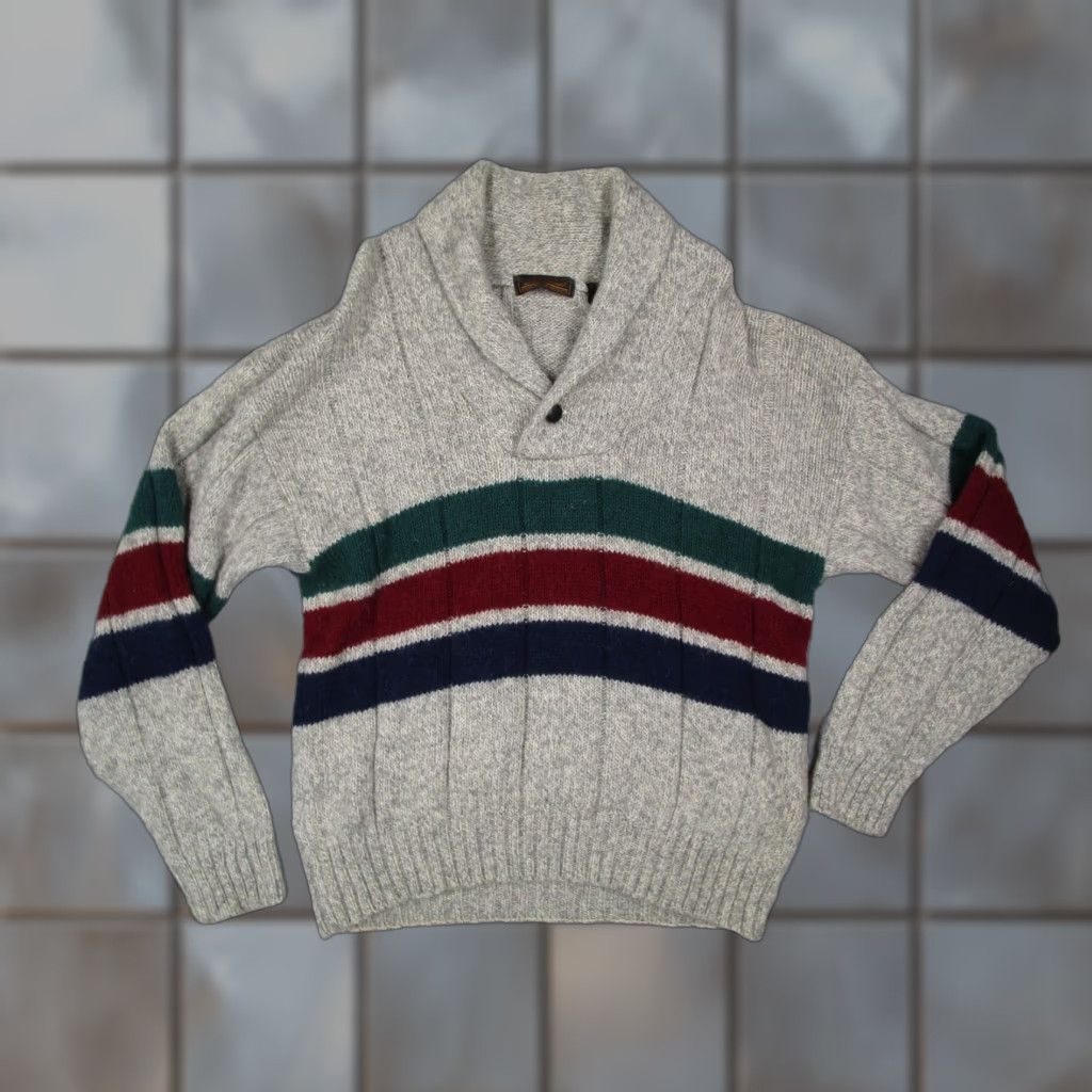 Eddie Bauer VINTAGE Eddie Bauer Cable-Knit Sweater Mens Medium Gray Striped Shawl Pullover Wool Blend 80s Retro Size US M / EU 48-50 / 2 - 1 Thumbnail