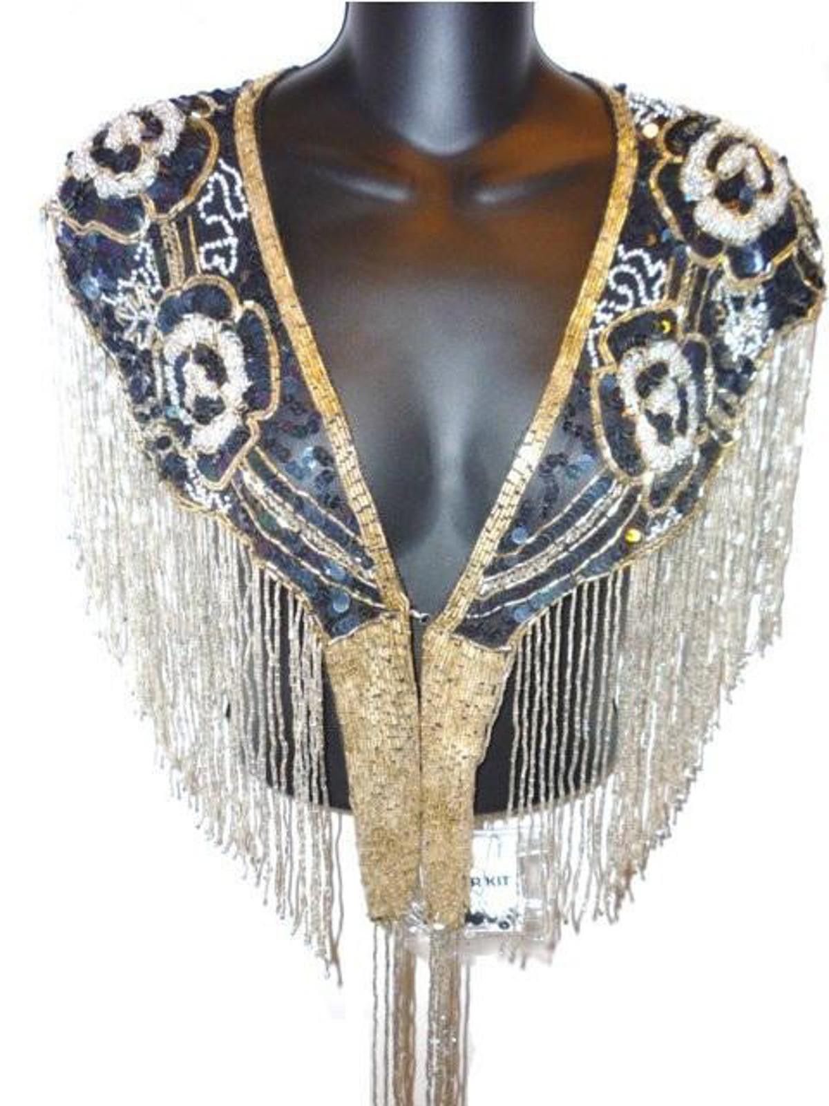 Designer Sequin Shawl/Wrap with Fringes Black Gold Size ONE SIZE - 2 Thumbnail