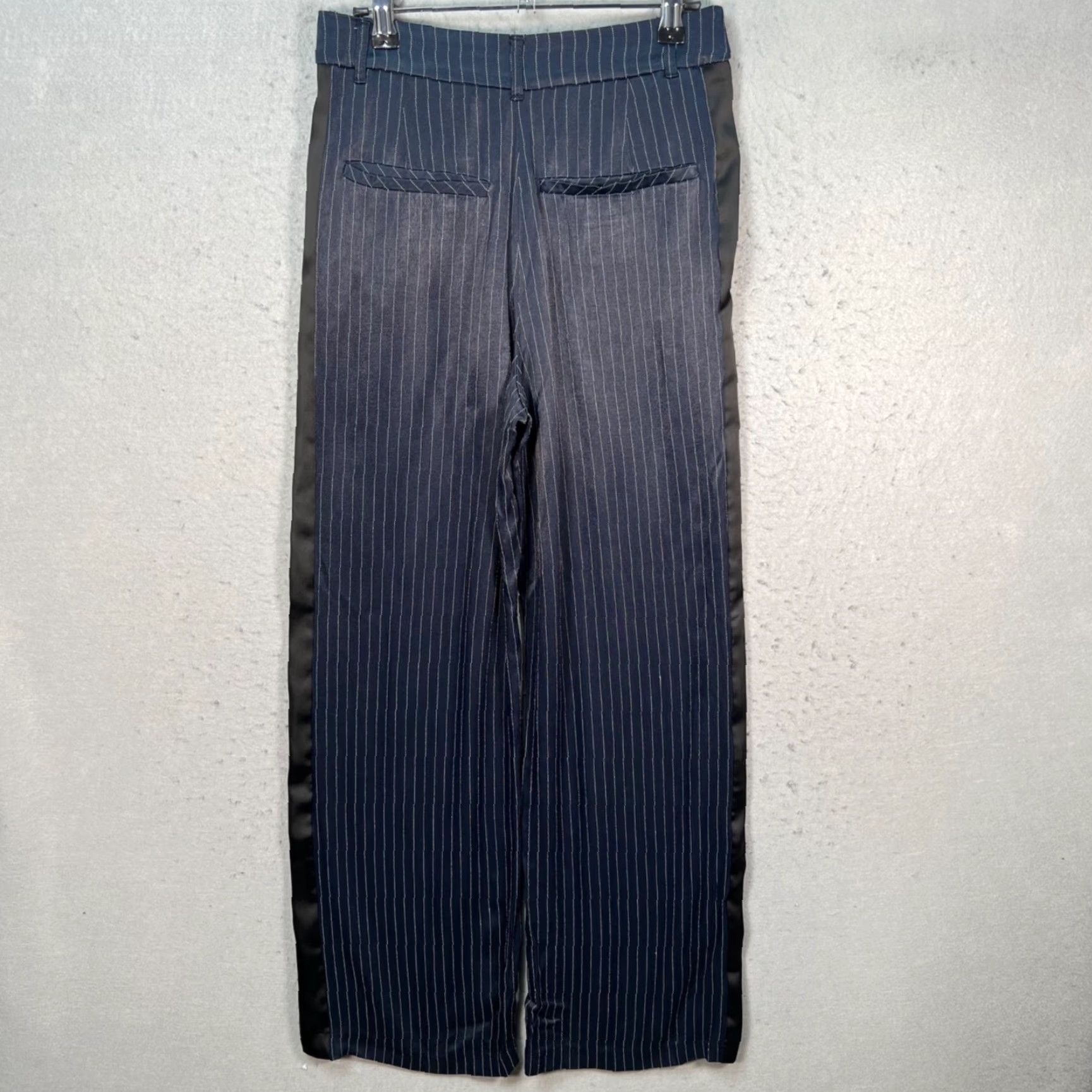 Zara Zara XS Blue Pinstripe Pants w/ Black Satin Side Panels Dress Pants Women XS Blue Pinstripe Satin Side Panels Size 26" / US 2 / IT 38 - 2 Thumbnail
