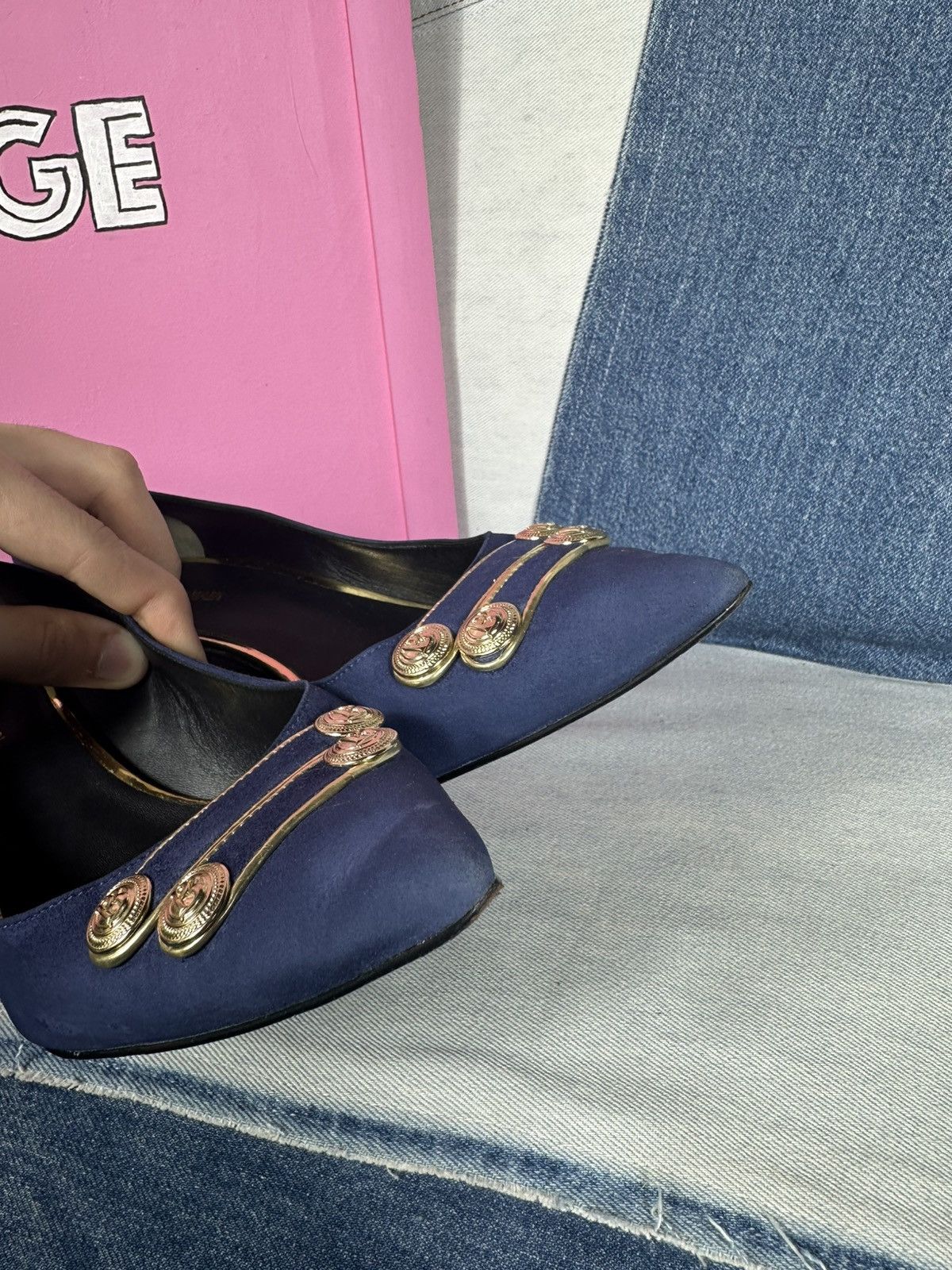 Pierre Balmain Pierre Balmain Heels Suede Blue Shoes Gold Hardware Pins Size US 11 / IT 41 - 16 Thumbnail