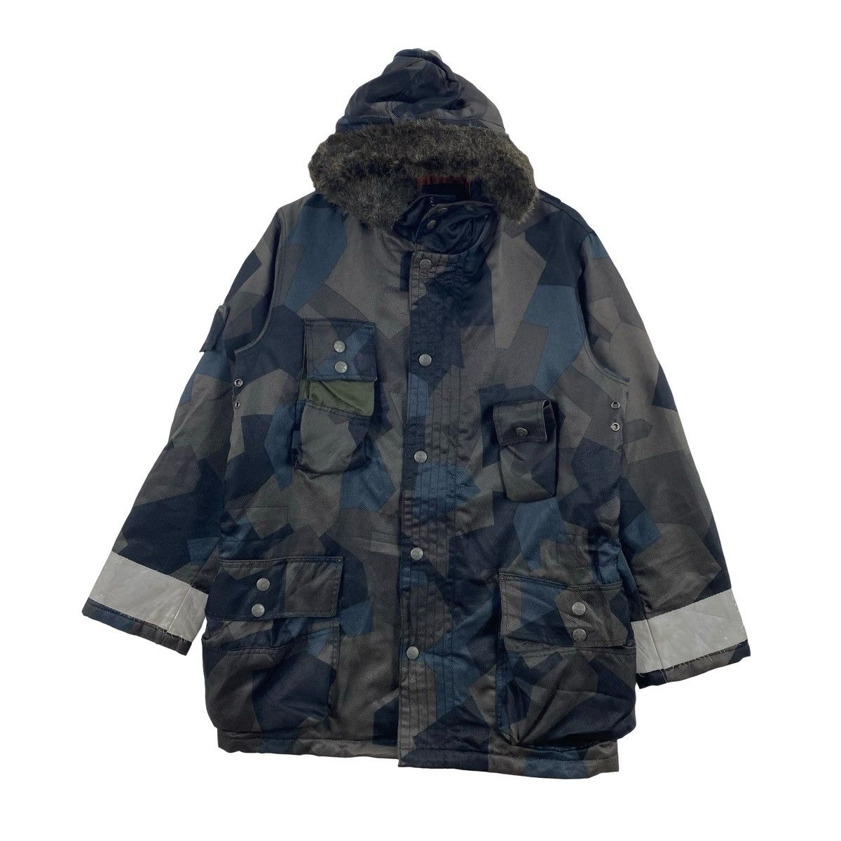 Vintage Vintage 291295=HOMME Fur Hood Geometric Camo Parka Jacket Size US L / EU 52-54 / 3 - 4 Thumbnail