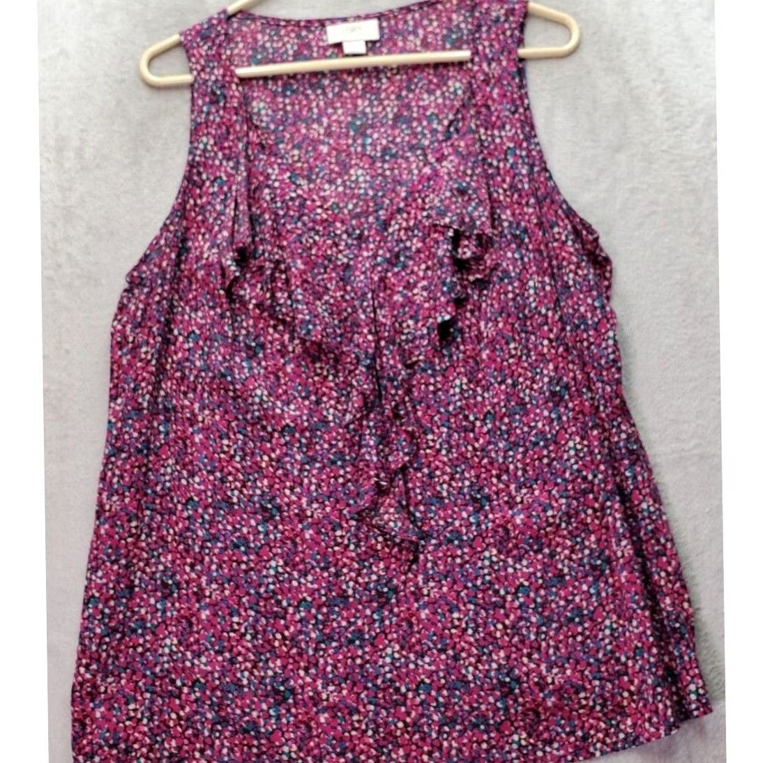 Loft LOFT Tank Top Womens Large Magenta Teal Floral Ruffle Sleeveless V Neck Pullover Size L / US 10 / IT 46 - 2 Thumbnail
