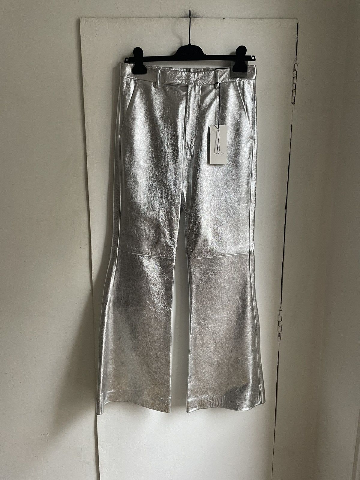 image of Gucci Fw20 Metallic Flared Leather Pants in Silver, Men's (Size 30)