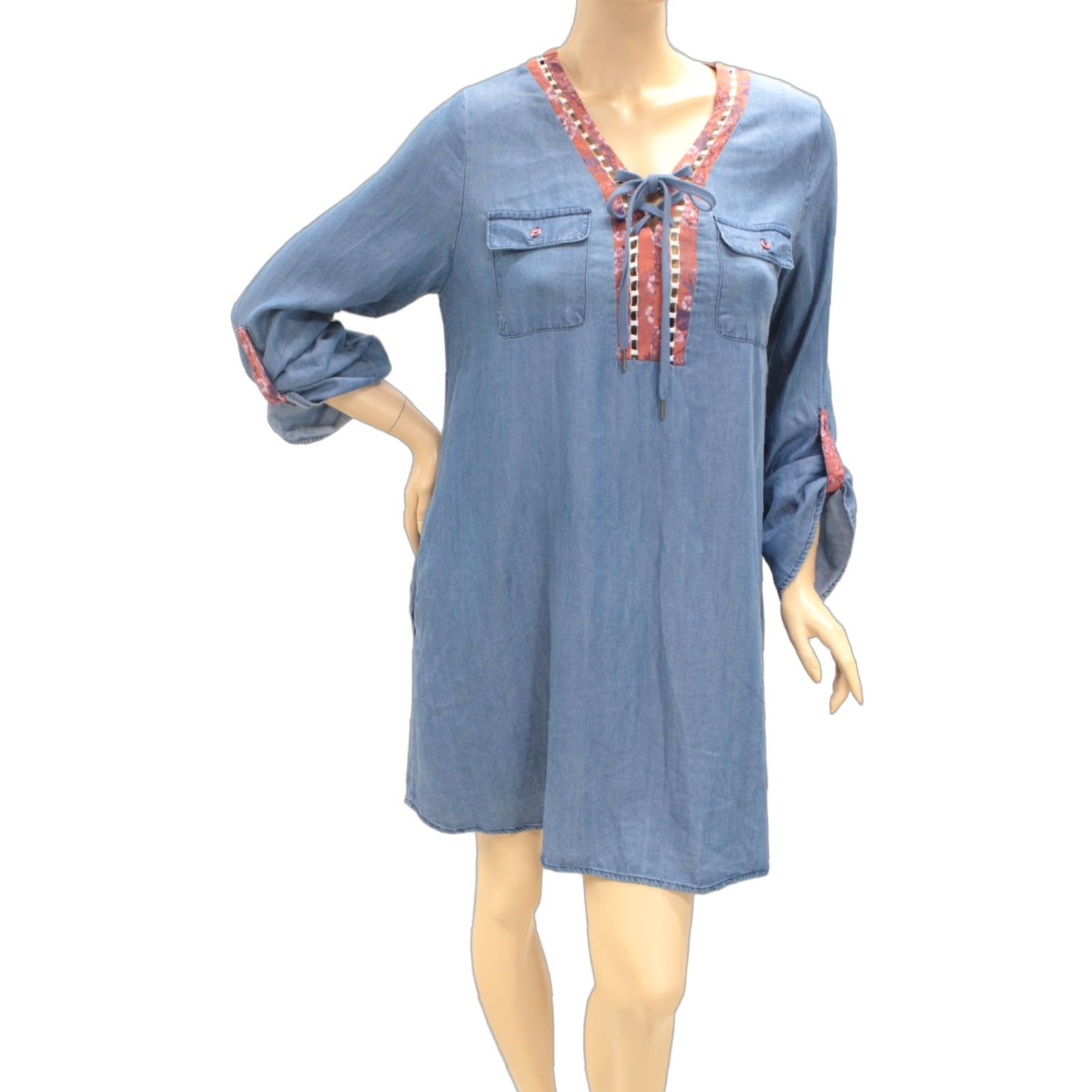 Vintage CRIMSON IN GRACE Dress Women's Medium Blue Denim Tab Sleeve V Neck Boho Tunic Size M / US 6-8 / IT 42-44 - 1 Thumbnail