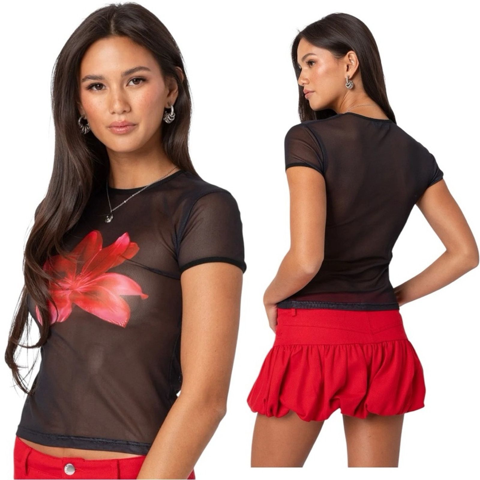 & Other Stories Edikted Black Sheer Top with Red Floral Accent Size S Size S / US 4 / IT 40 - 1 Thumbnail