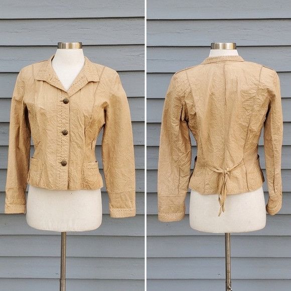 Vintage × Wilsons Leather Vintage 90s y2k Western Cowgirl Tan Crinkle Leather Coat Size S / US 4 / IT 40 - 6 Thumbnail