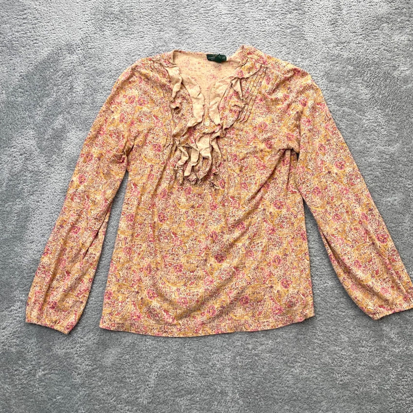 Ralph Lauren Lauren Ralph Lauren Top Womens Medium Beige Blouse Floral Ruffled Puff Sleeve Size M / US 6-8 / IT 42-44 - 2 Thumbnail