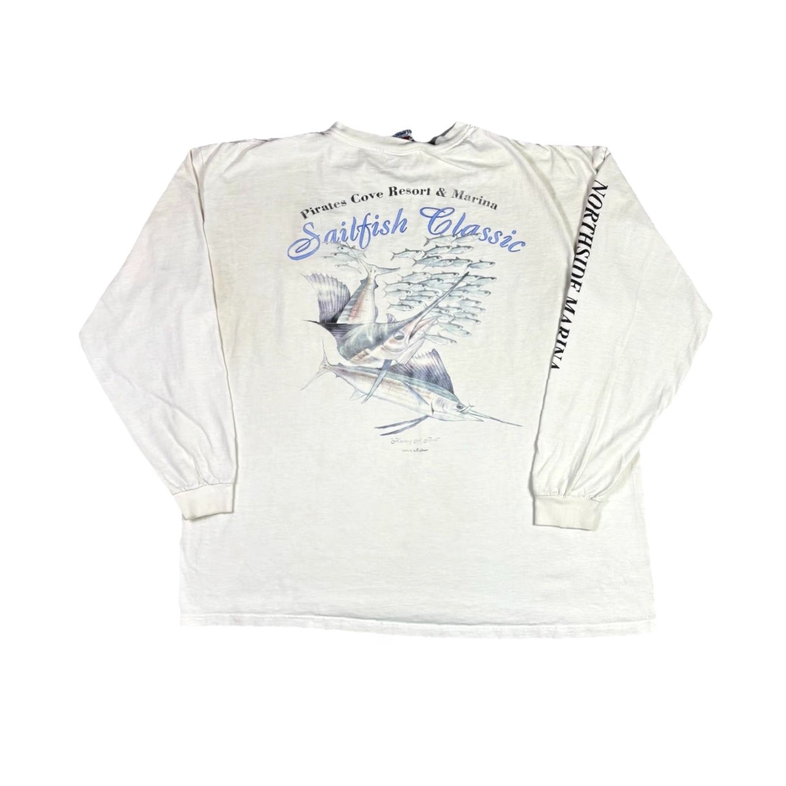 Gildan VINTAGE Pirates Cove Fish Promo Art T Shirt White Long Sleeve 90s Adult 2XL Size US XXL / EU 58 / 5 - 2 Thumbnail