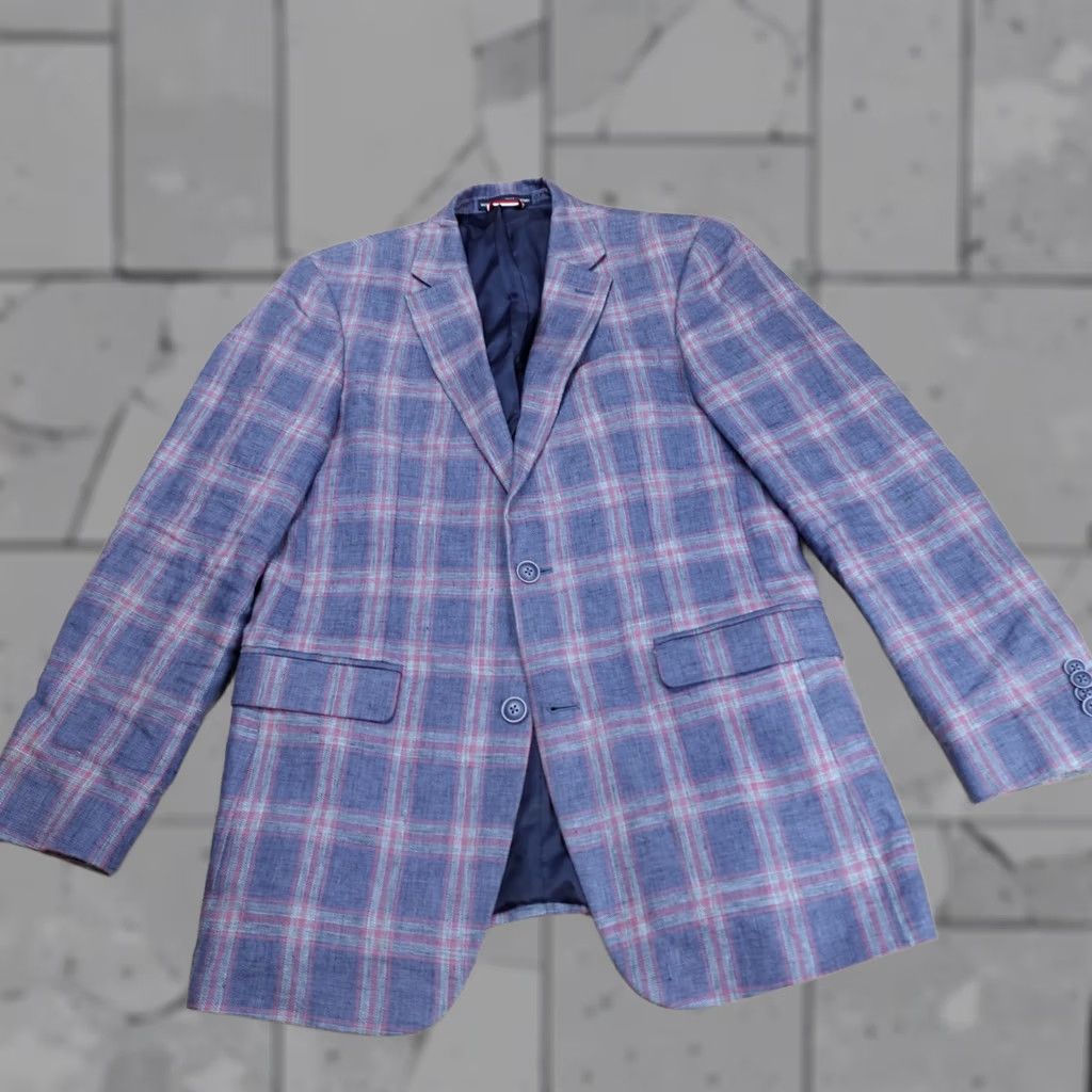 Tommy Hilfiger VINTAGE Tommy Hilfiger Sport Coat Jacket 40L Blue Plaid 100% Linen Women? Mens? Size US XXS / EU 40 - 1 Thumbnail