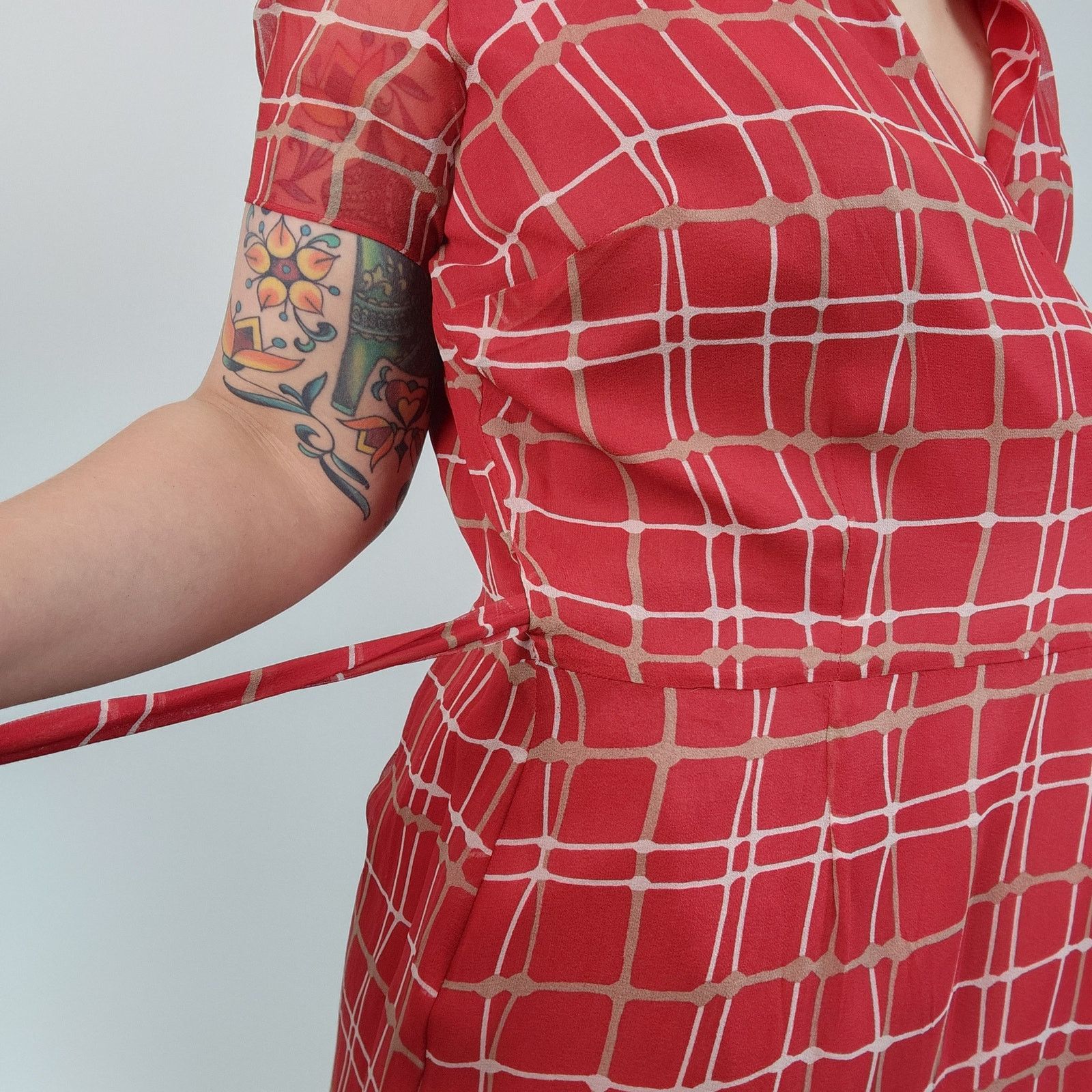 Other Silk 90s Wrap Dress Plaid Short Sleeve Checked Midi Red M Size M / US 6-8 / IT 42-44 - 6 Thumbnail