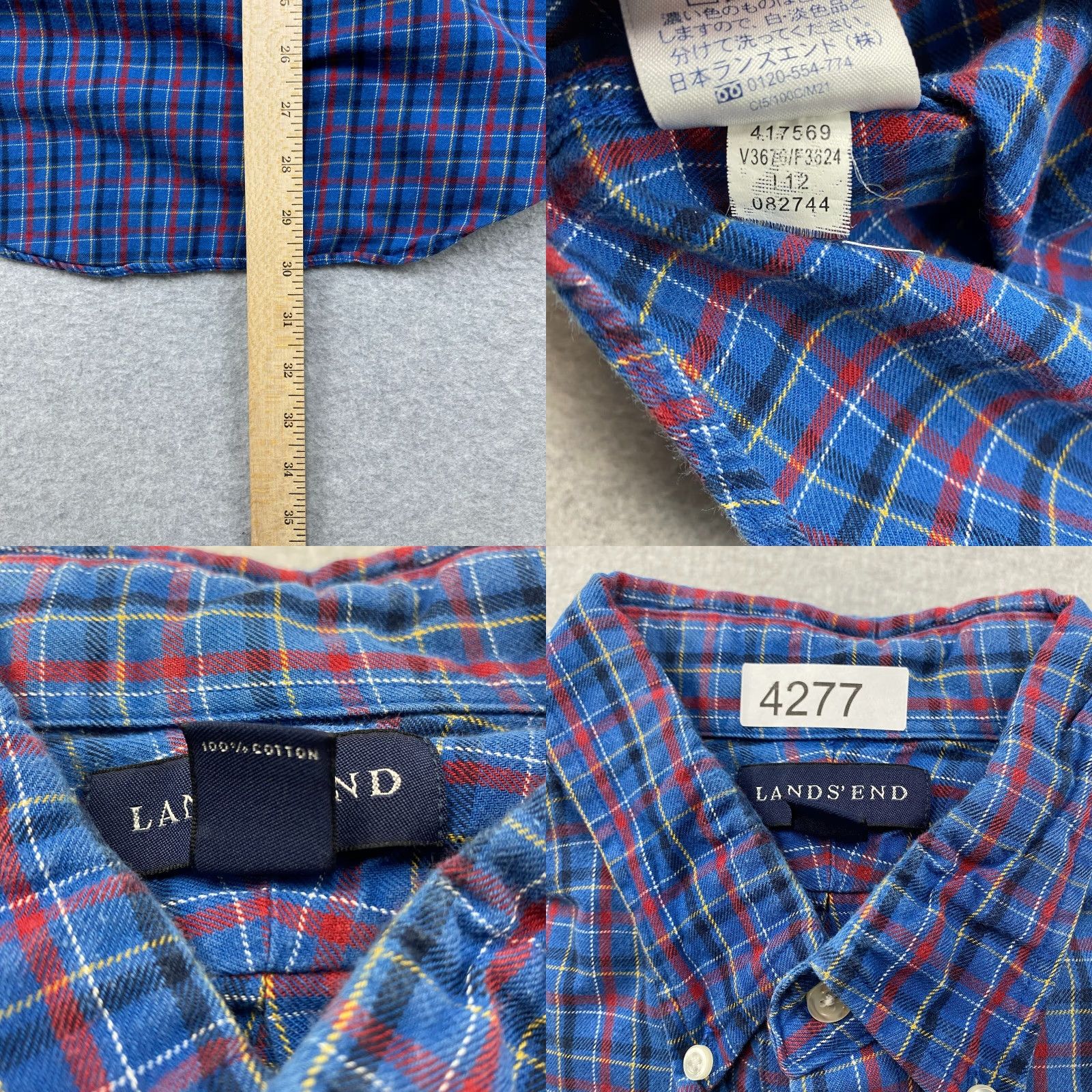 Lands' End Lands' End Dress Shirt Mens 16.5 Blue Plaid Tailored Fit Long Sleeve Pocket Collared Button-Down Mens Shirt Size 46R - 8 Thumbnail