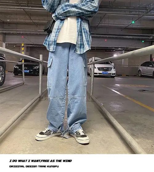 Blue Straight Leg Cargo Jeans