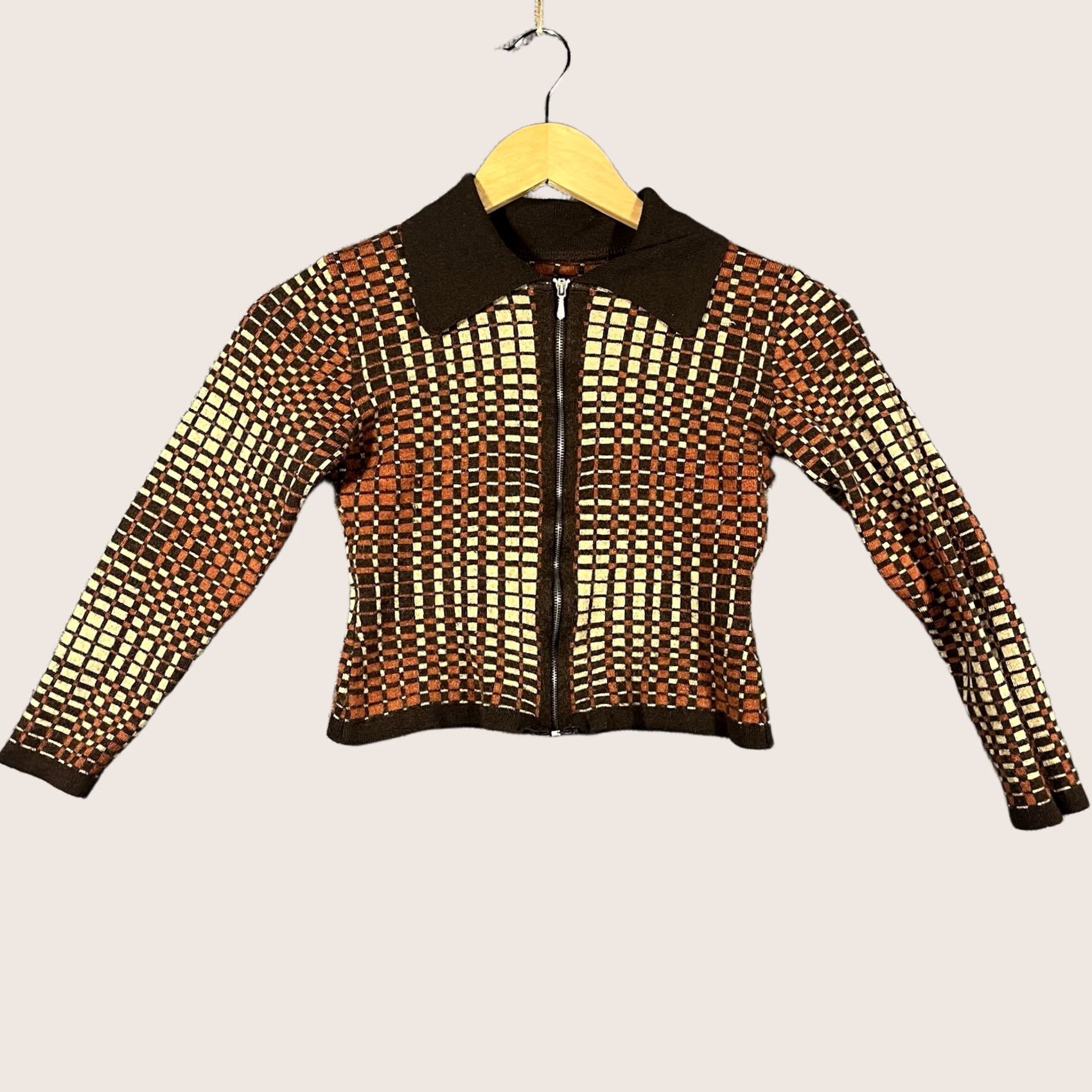 Vintage VINTAGE Geometric Wool Polo Shirt Full Zip Unbranded Womens XS Brown 70s Italy Size XS / US 0-2 / IT 36-38 - 1 Thumbnail