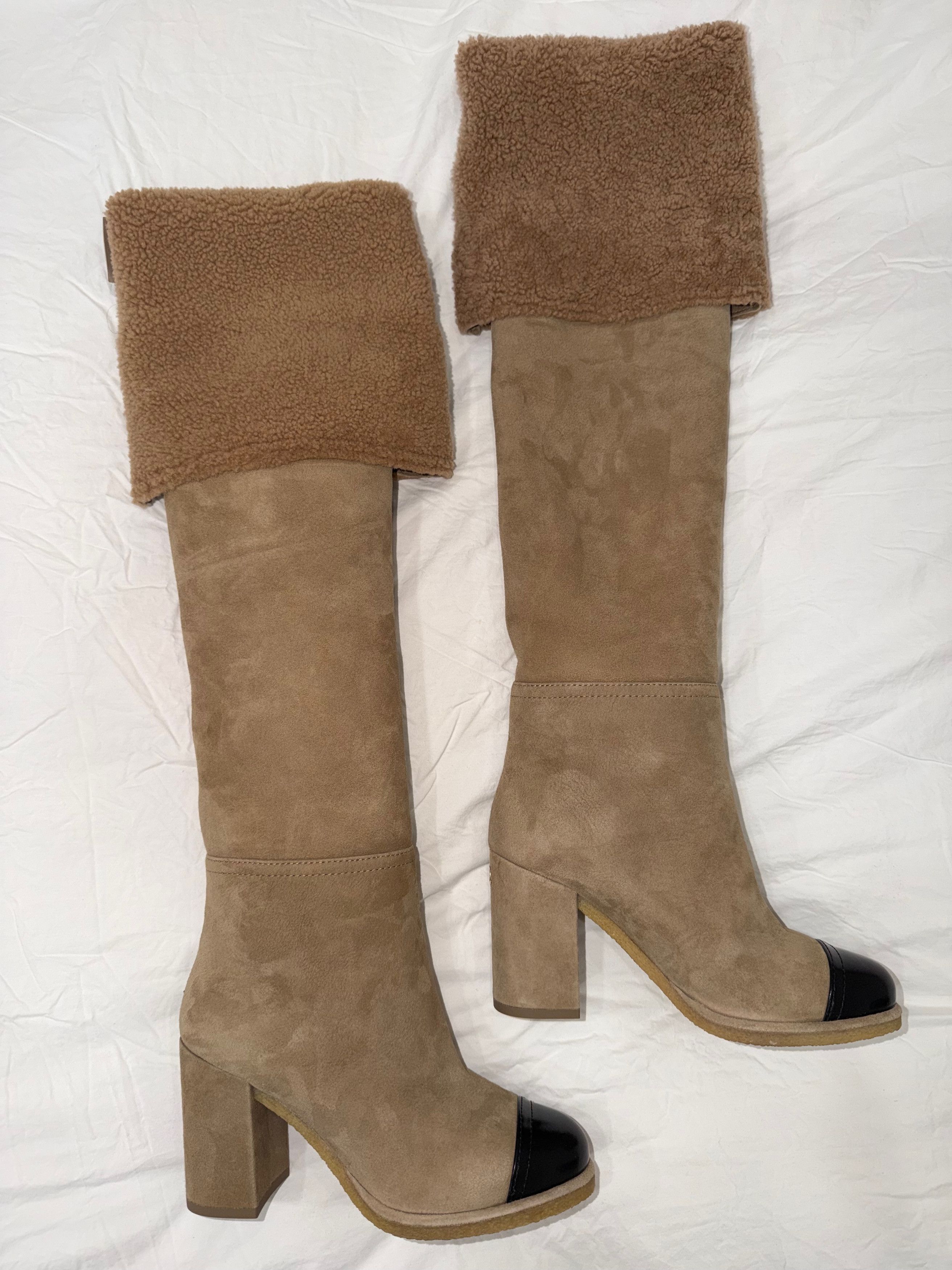 Chanel 24K Suede Shearling Fur Thigh High OTK Block Heel Boots 37 Size US 7 / IT 37 - 5 Thumbnail