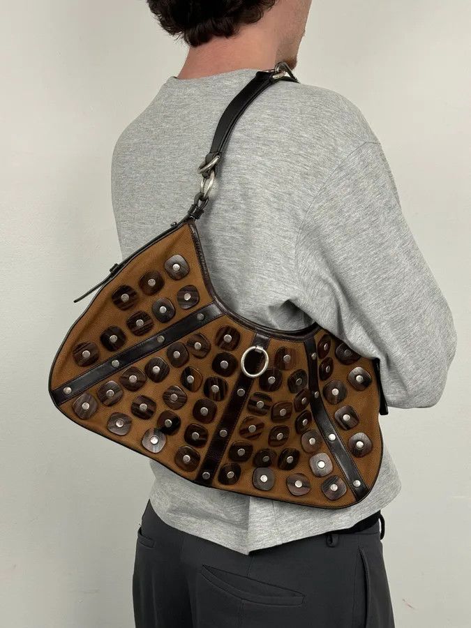 Yves Saint Laurent Yves Saint Laurent Brown Leather Wood Studded Shoulder Bag Size ONE SIZE - 3 Thumbnail