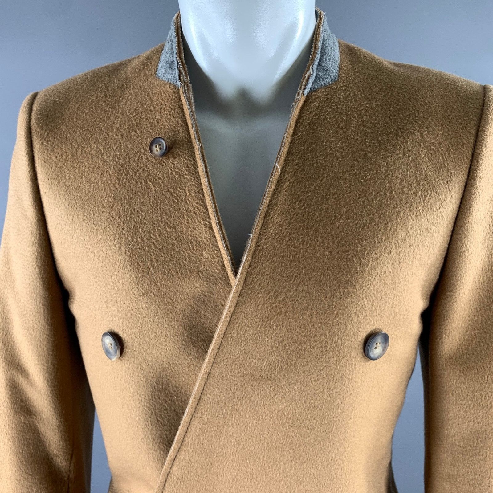 H&M H & M Size 38 Camel Grey Wool Inverted Lapel Overcoat Size US XXS / EU 40 - 2 Thumbnail