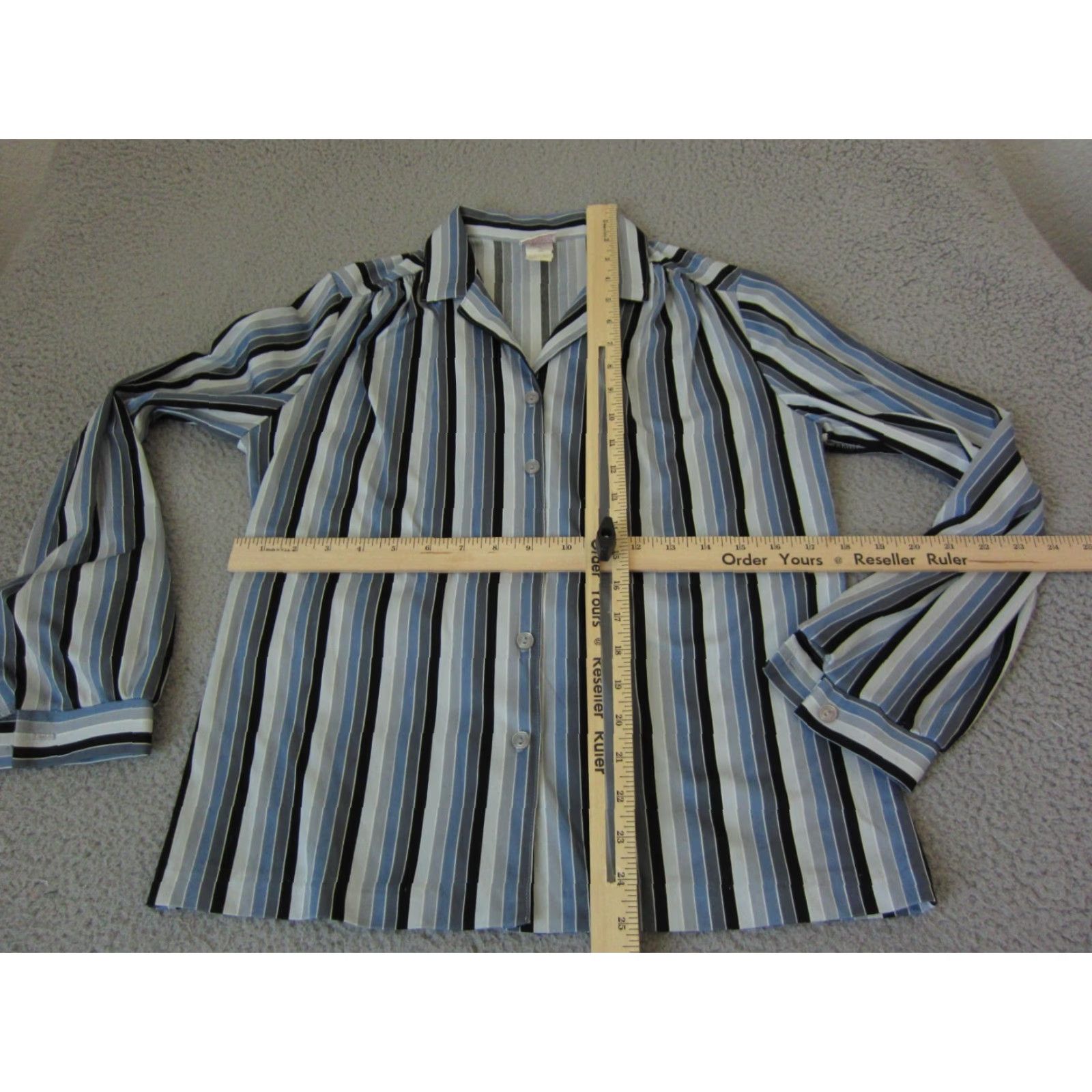 GRAFF VINTAGE Disco Shirt Womens 70s Button-Up Striped Blue Gray Polyester 70s Size 10 Womens Mens Girls Size L / US 10 / IT 46 - 7 Thumbnail