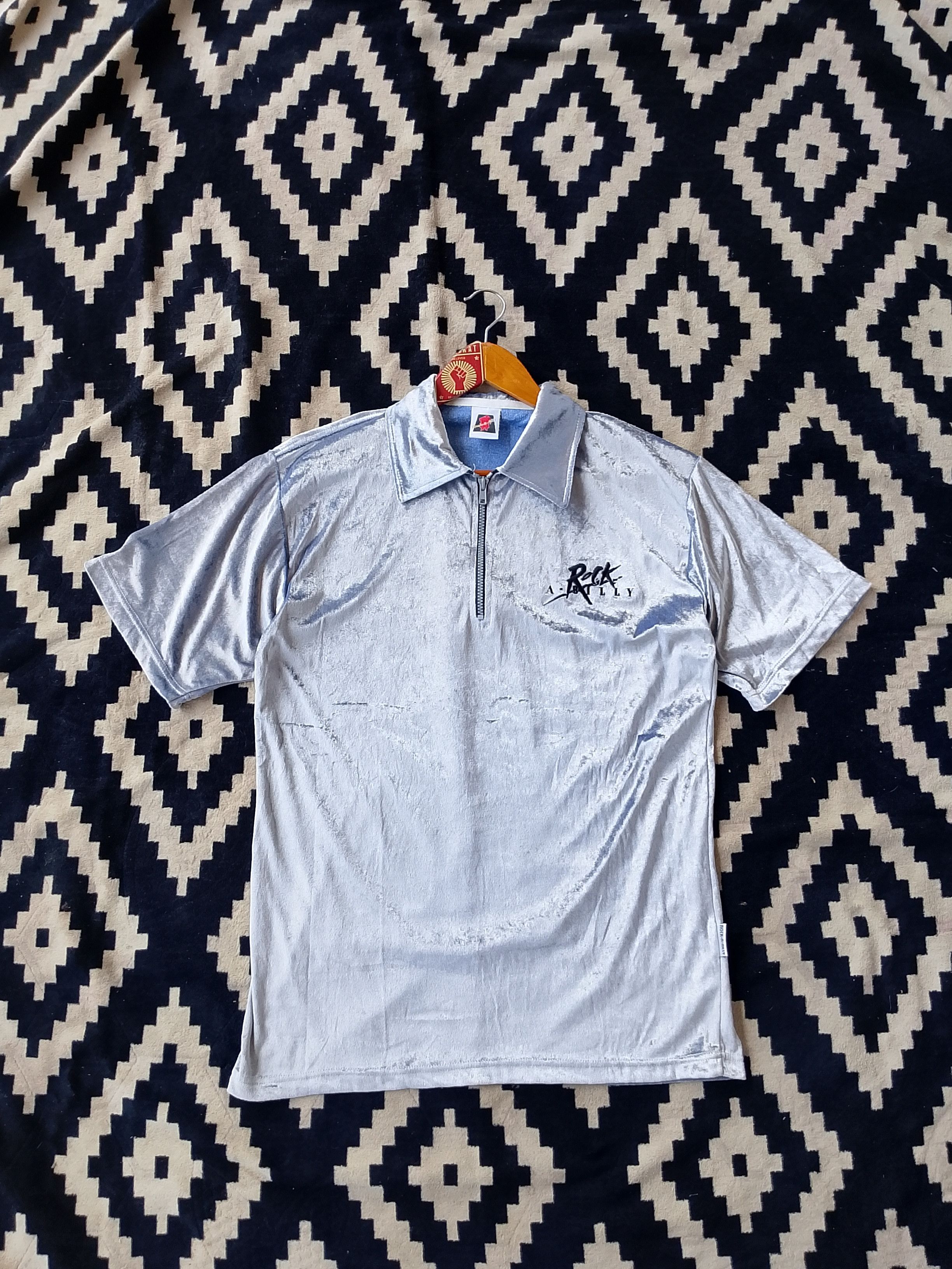 Other 💥 VINTAGE 90s Rock-A-Billy Crushed Velvet Silver Zip Polo Size US L / EU 52-54 / 3 - 2 Thumbnail