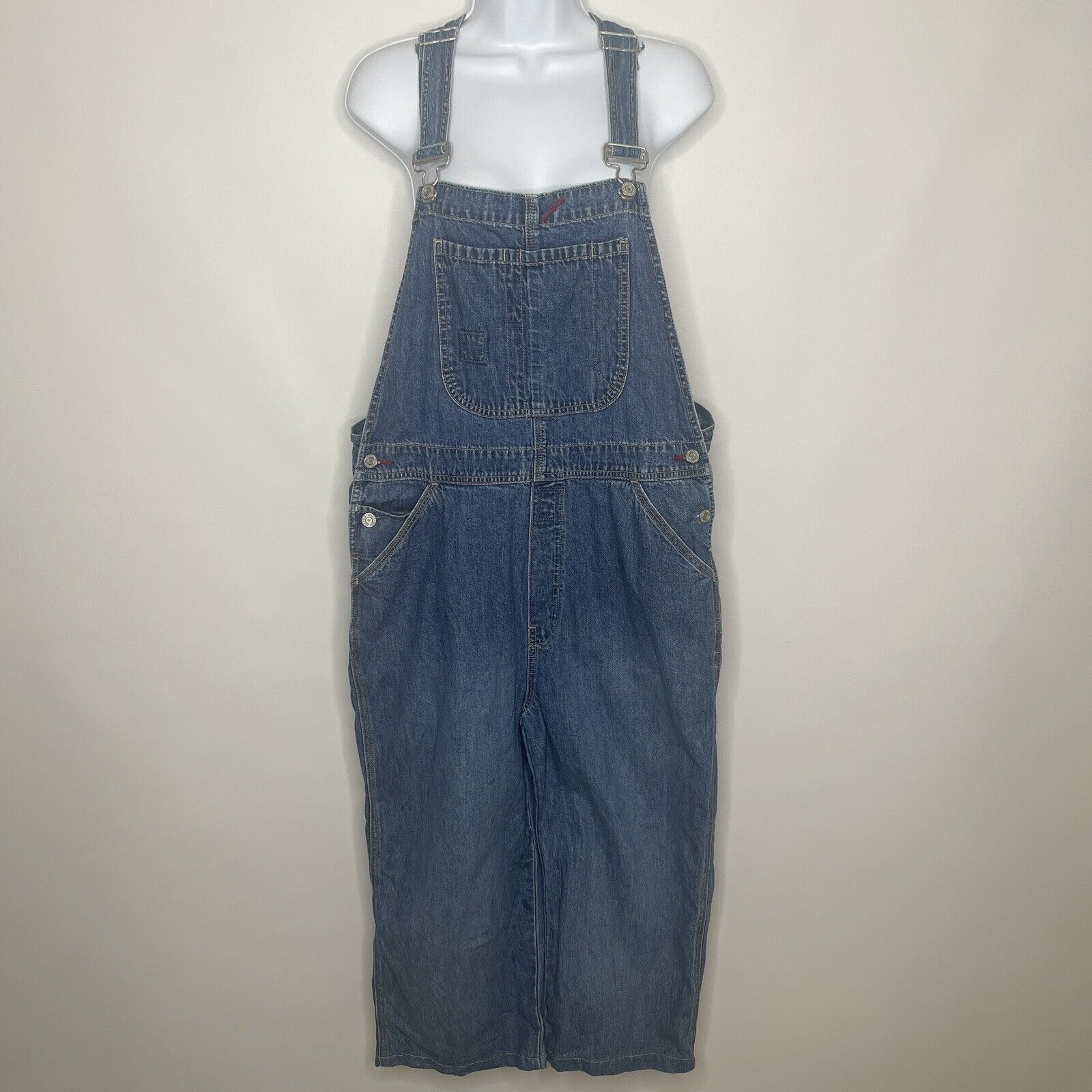 image of Gap x Vintage Y2K Blue Denim Cropped Bib Overalls, Women's (Size 38)