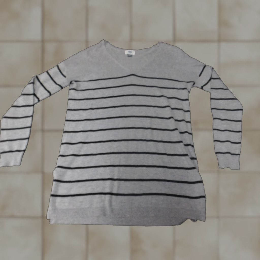 Old Navy Old Navy Womens Sweater Small Gray Striped Stretch Pullover Knit Puff Sleeve V-Neck Bow Button Size S / US 4 / IT 40 - 1 Thumbnail