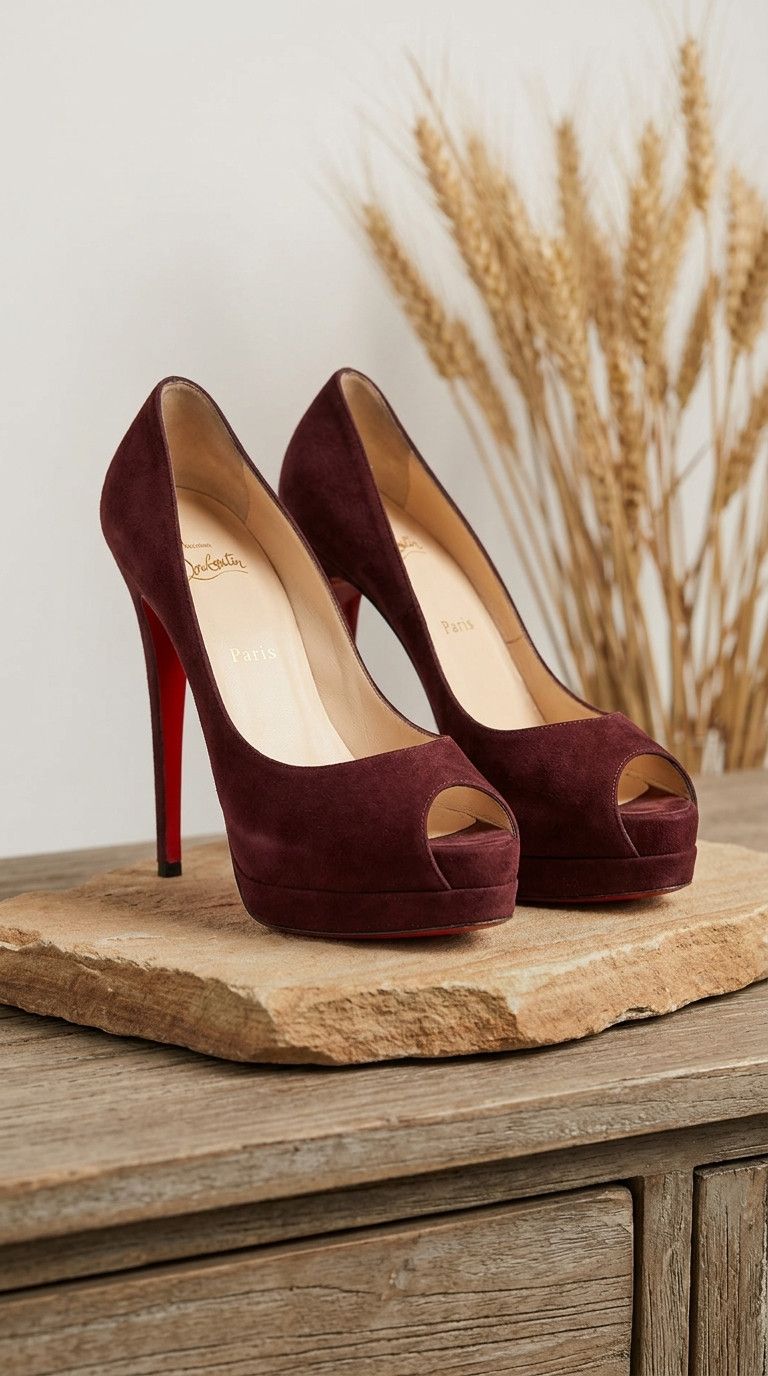 Christian Louboutin Christian Louboutin Burgundy Suede Peep Toe Platform Heels Size US 10 / IT 40 - 1 Thumbnail