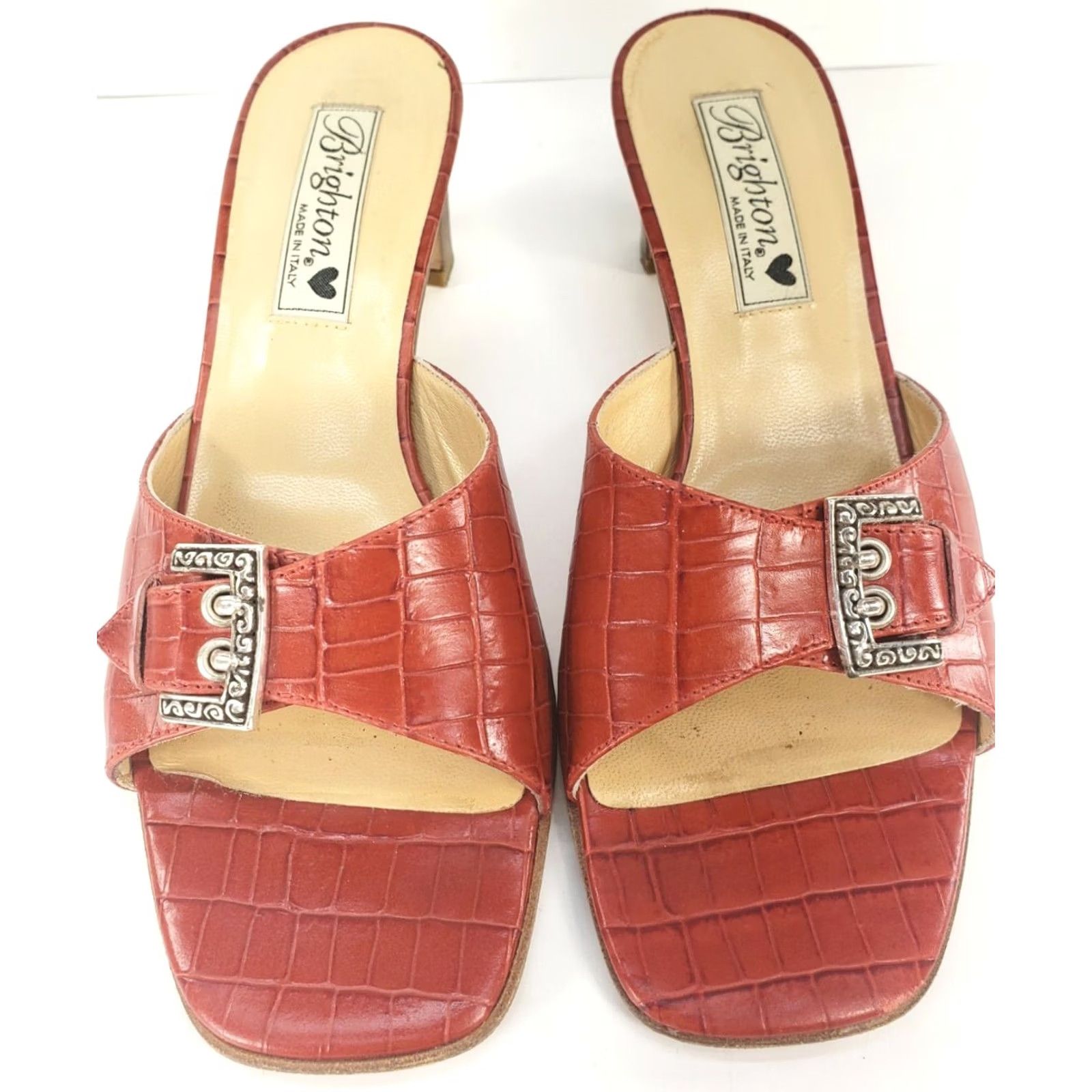 Brighton Brighton Tyler Croc Embossed Red Pump Sandals Women's 7 Slip On Leather M Heel Block Animal Print Slide Shoes, Italy, Handmade No, Vintage No Size US 7 / IT 37 - 3 Thumbnail