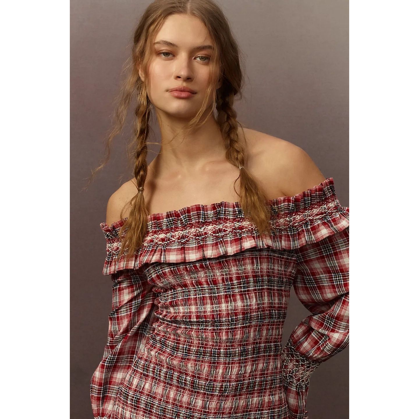 Anthropologie NWT Pilcro Smocked Plaid Mini Dress $168 LARGE Red Size L / US 10 / IT 46 - 4 Thumbnail