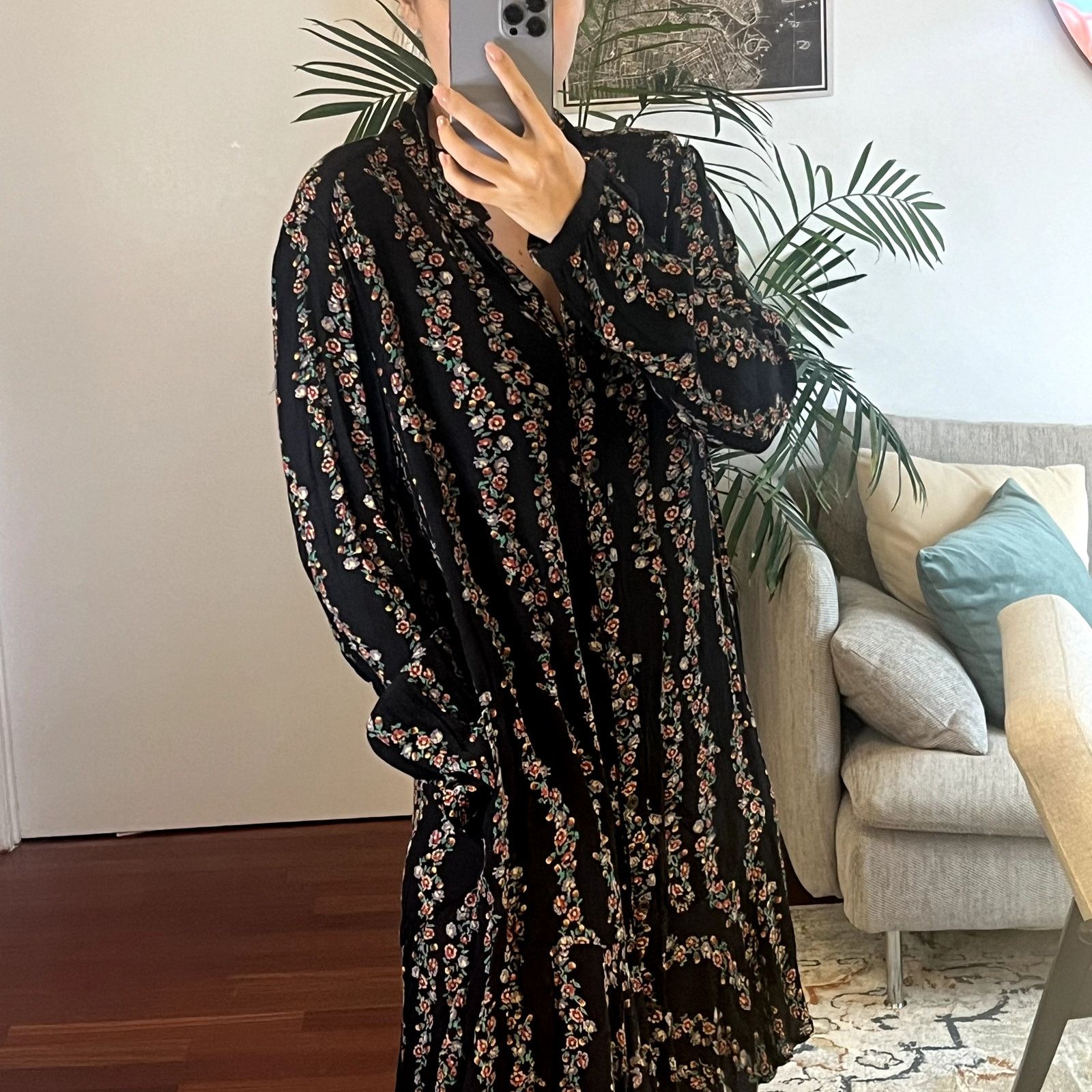 Free People Free People Boho Floral Buttondown Shirt Dress Black Combo Size L / US 10 / IT 46 - 3 Thumbnail