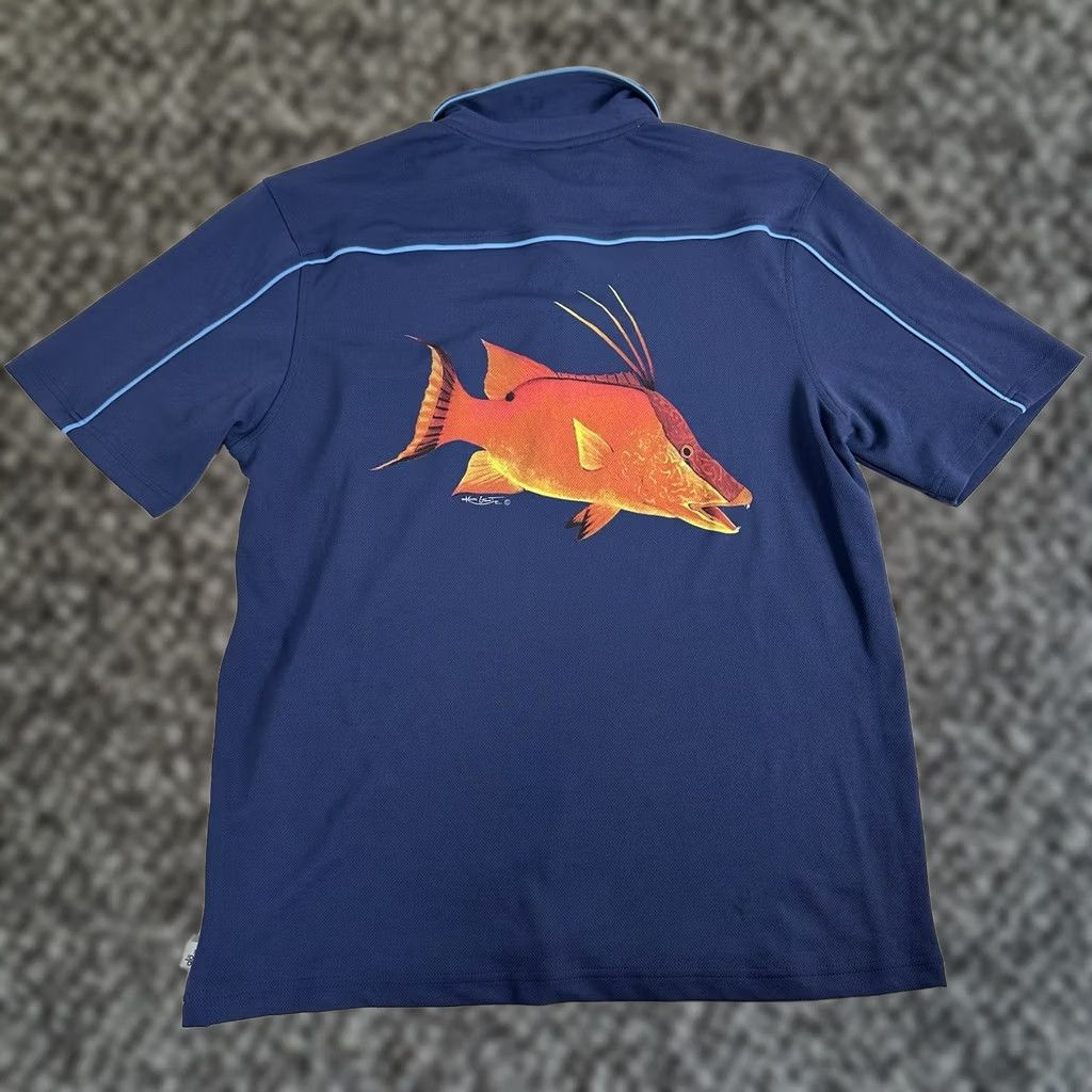 Alo ALO Shirt Mens XL Blue YOGA COOLFIT Polo Short Sleeve golf Fish Graphic Size US XL / EU 56 / 4 - 1 Thumbnail
