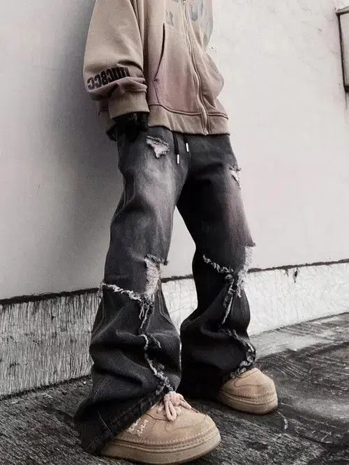 Jean Distressed Baggy Wide Leg Denim Jeans, Ripped Jeans Size US 33 - 4 Thumbnail