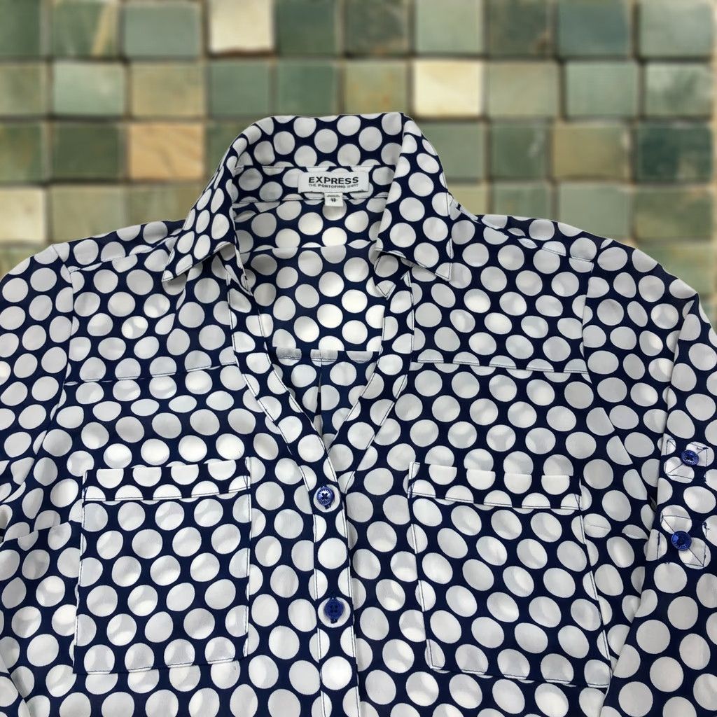 Express Express The Portofino Shirt XS Women Polyester Long Sleeve Polka Dot Shirt Blue Size XS / US 0-2 / IT 36-38 - 1 Thumbnail