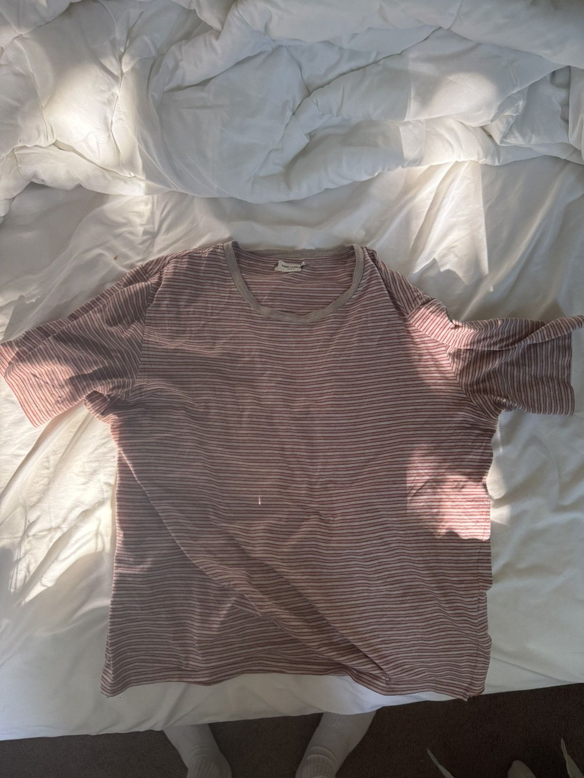 Yves Saint Laurent White, Red, and Brown Saint Laurent Striped Tee Size US M / EU 48-50 / 2 - 1 Thumbnail