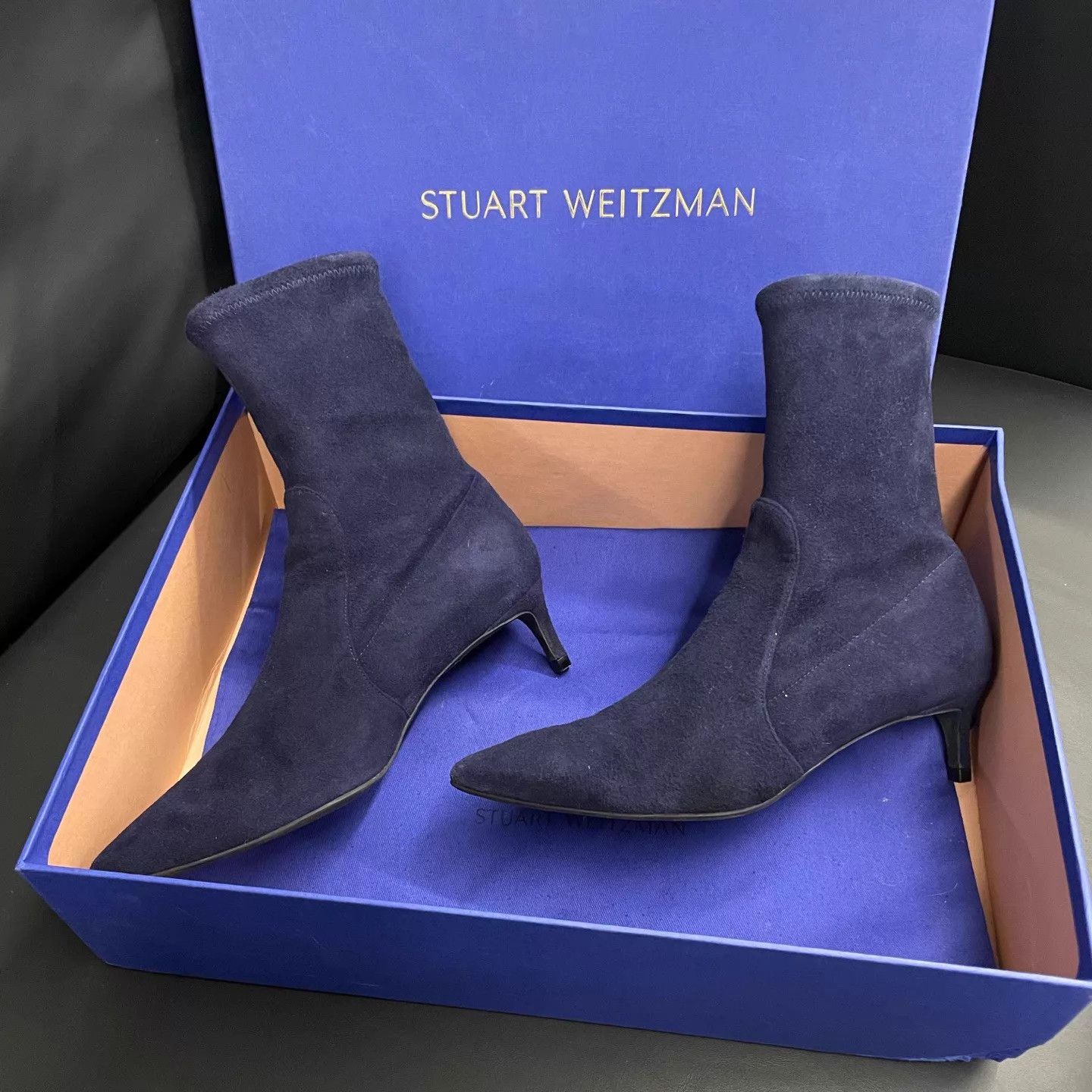 Stuart Weitzman SW Suede Pointed Toe Navy Sock Boot EUR 36.5 Size US 6 / IT 36 - 1 Thumbnail