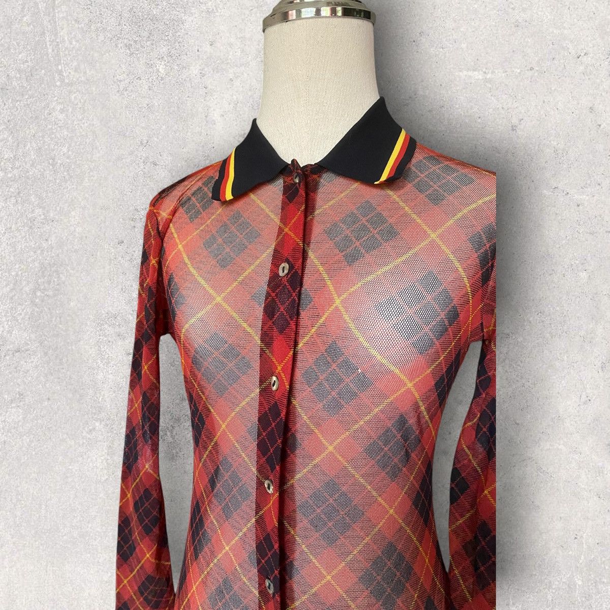 Jean Paul Gaultier Vintage JPG Sheer Mesh Red Plaid Buttons Up Shirt Size M / US 6-8 / IT 42-44 - 3 Thumbnail