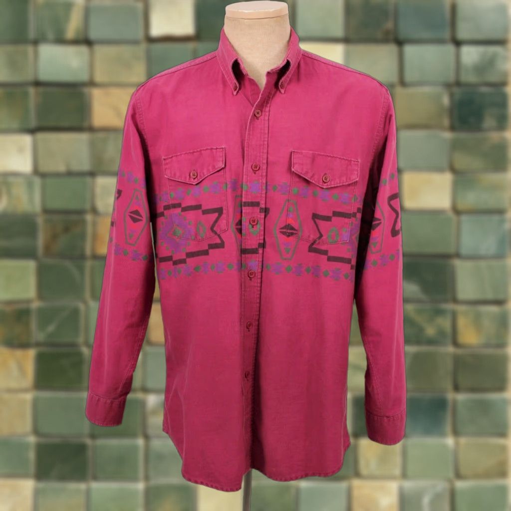 Vintage VINTAGE Men's VTG 90s Maroon / Purple Western Shirt Sz L 1990s Aztec Print Mens Size US L / EU 52-54 / 3 - 1 Thumbnail