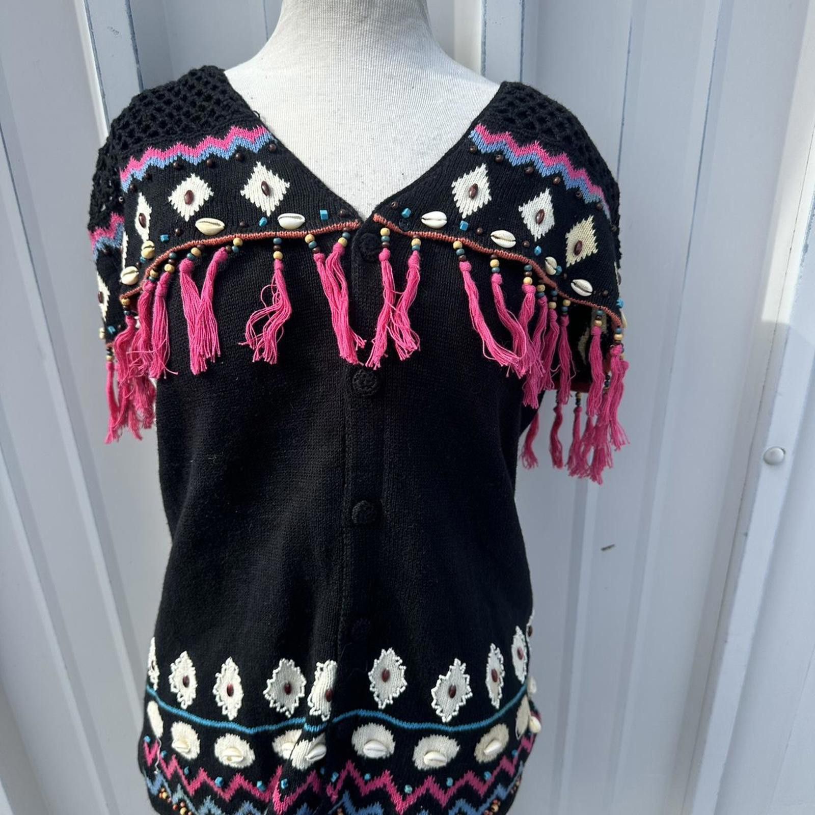 Other Black and pink vintage cardigan with tassels cardigan Size S / US 4 / IT 40 - 1 Thumbnail