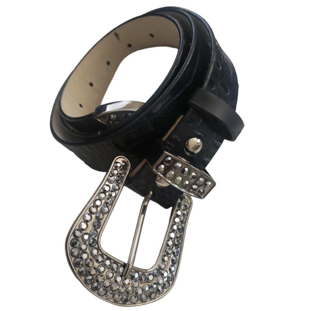 Designer Rhinestone Buckle Unisex Black Leather Belt L/XL, 40" Size ONE SIZE - 1 Thumbnail