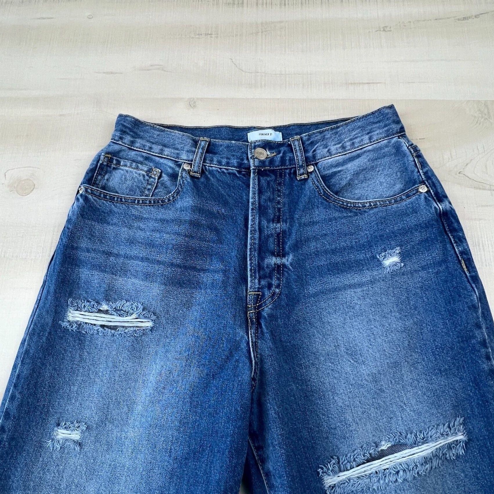 Forever 21 Forever 21 Women's Boyfriend Jeans, Size 29, Distressed Ripped Frayed Blue Cotton Blend Size 29" - 2 Thumbnail