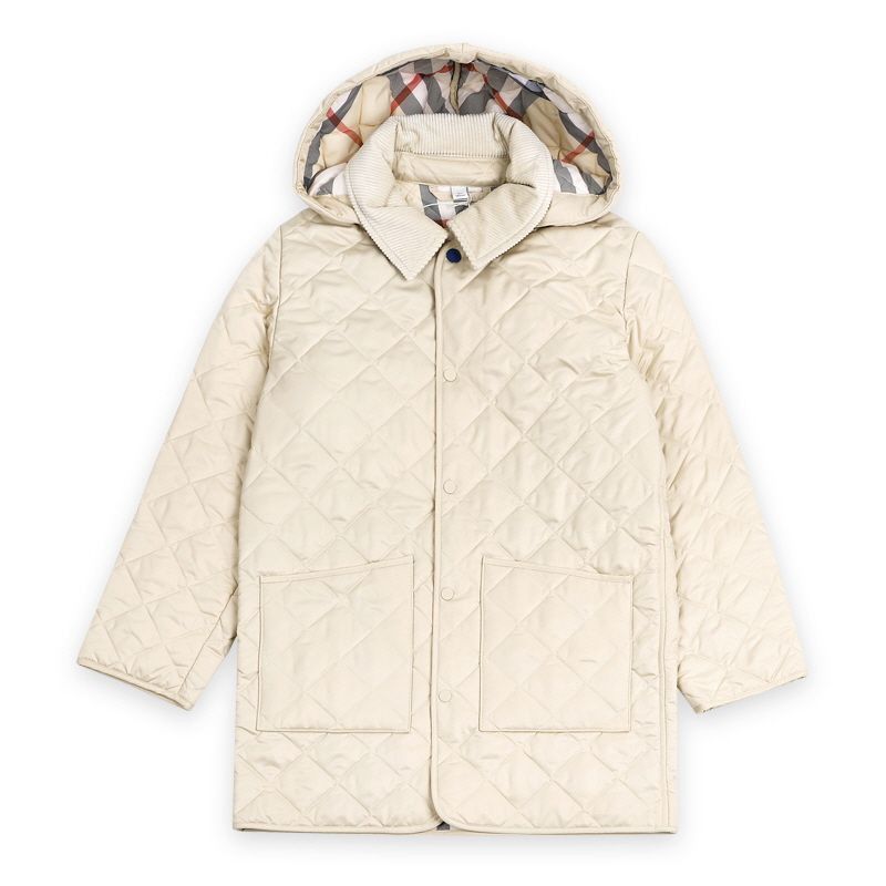 Kids Quilted Check Hooded Padded Coat Jacket (Beige) in White, Men's (Size M)