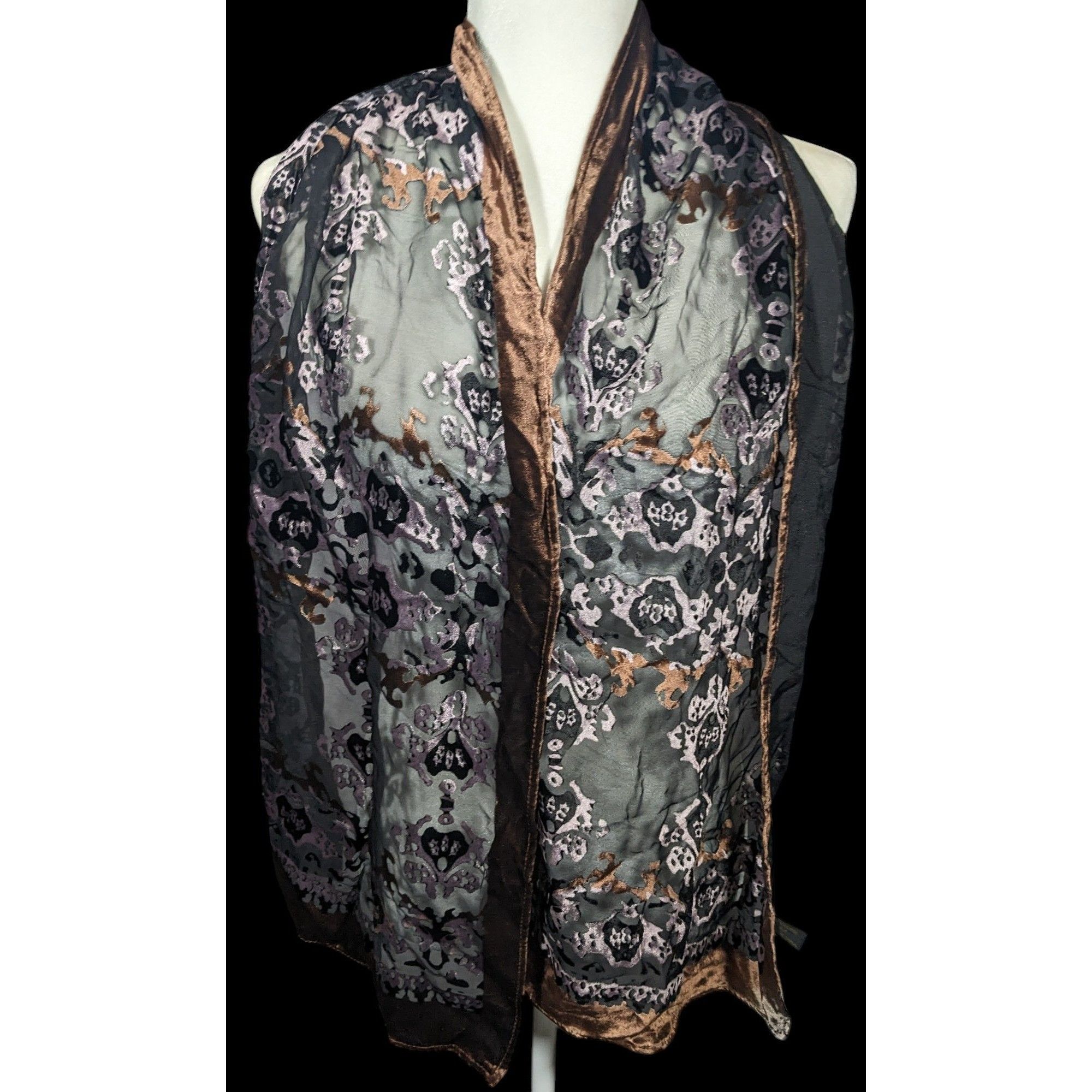 Other Brown And Lilac Gothic Damask Velvet Burnout Scarf Size ONE SIZE - 3 Thumbnail