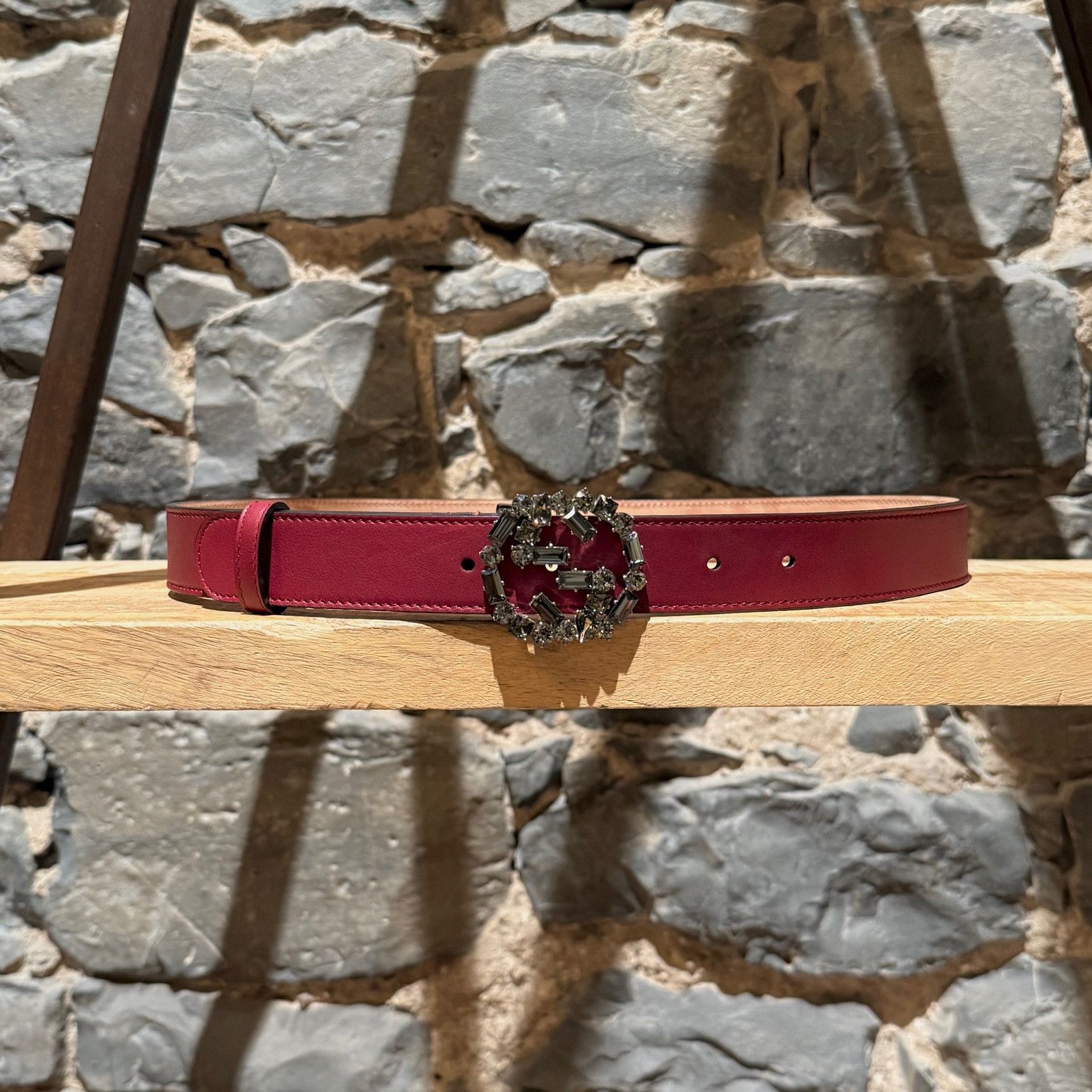 Gucci Gucci GG Burgundy Leather Crystal GG Buckle Belt Size ONE SIZE - 3 Thumbnail